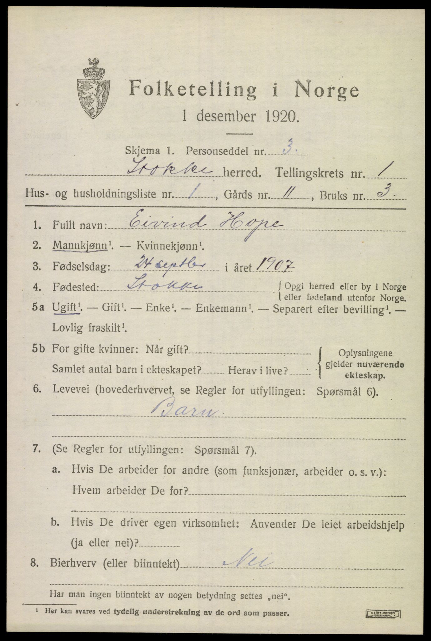 SAKO, 1920 census for Stokke, 1920, p. 2040