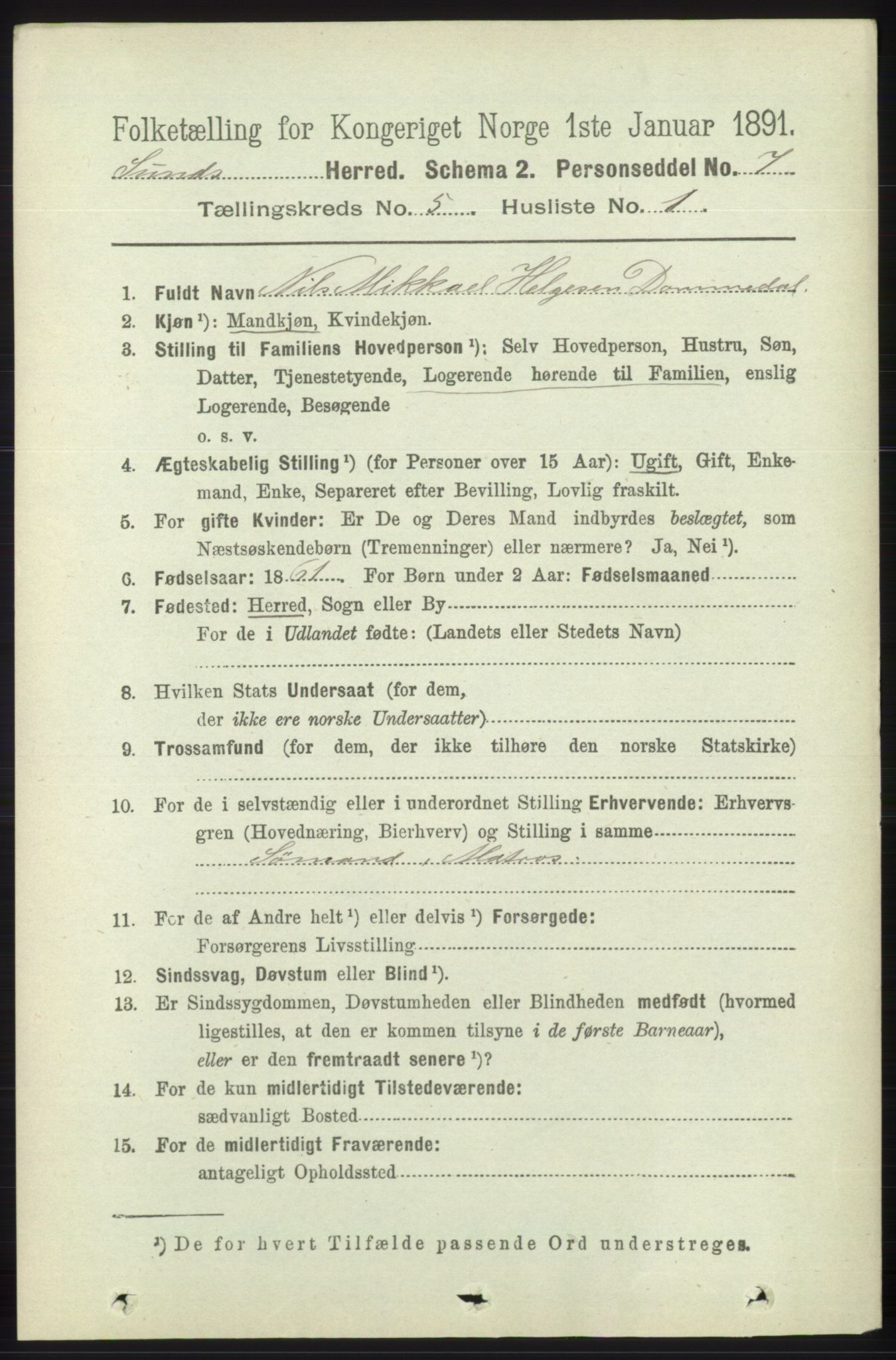 RA, 1891 census for 1245 Sund, 1891, p. 2374