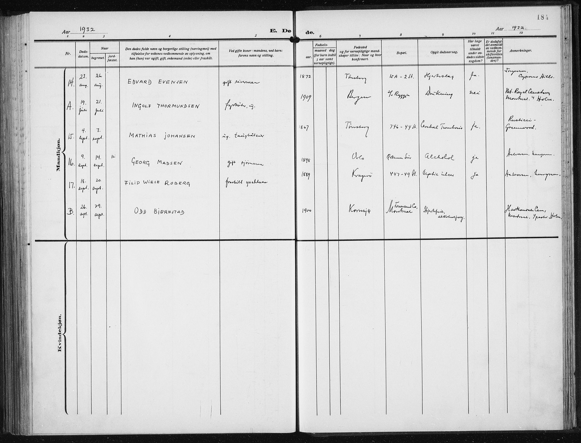 Den norske sjømannsmisjon i utlandet/New York, SAB/SAB/PA-0110/H/Ha/L0008: Parish register (official) no. A 8, 1923-1935, p. 184