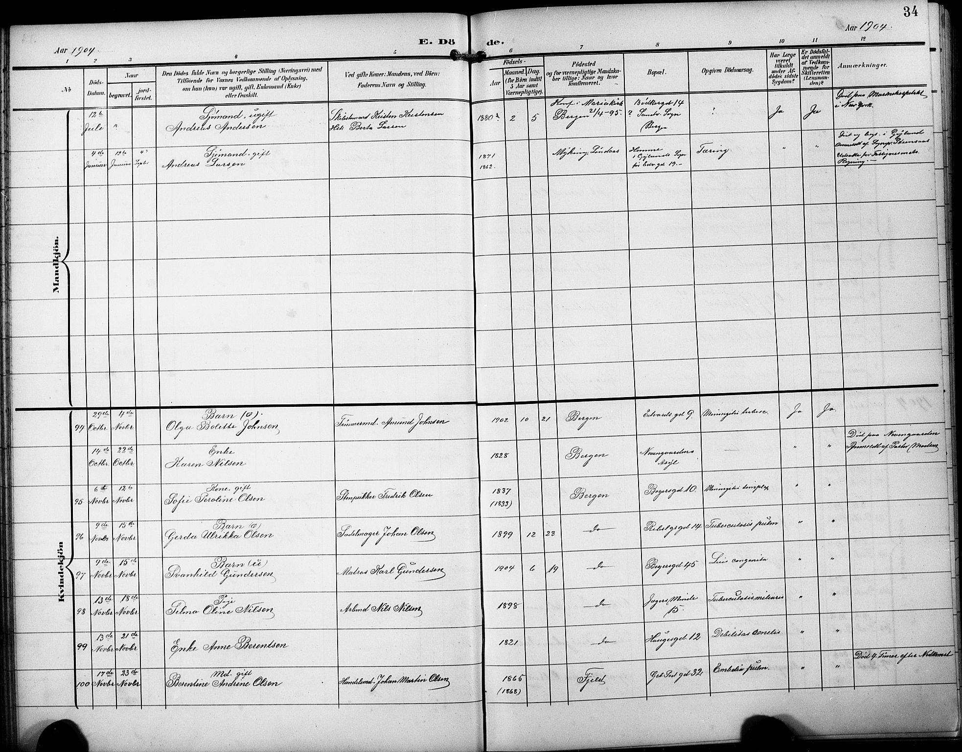 Sandviken Sokneprestembete, AV/SAB-A-77601/H/Hb/L0017: Parish register (copy) no. E 1, 1903-1926, p. 34