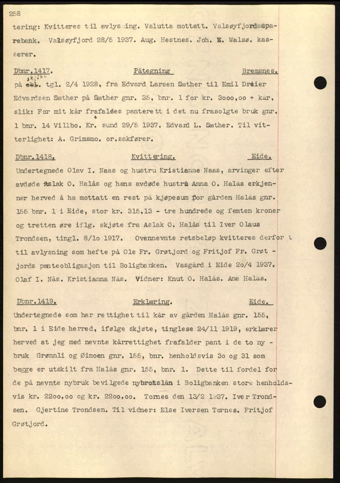 Nordmøre sorenskriveri, AV/SAT-A-4132/1/2/2Ca: Mortgage book no. C80, 1936-1939, Diary no: : 1417/1937