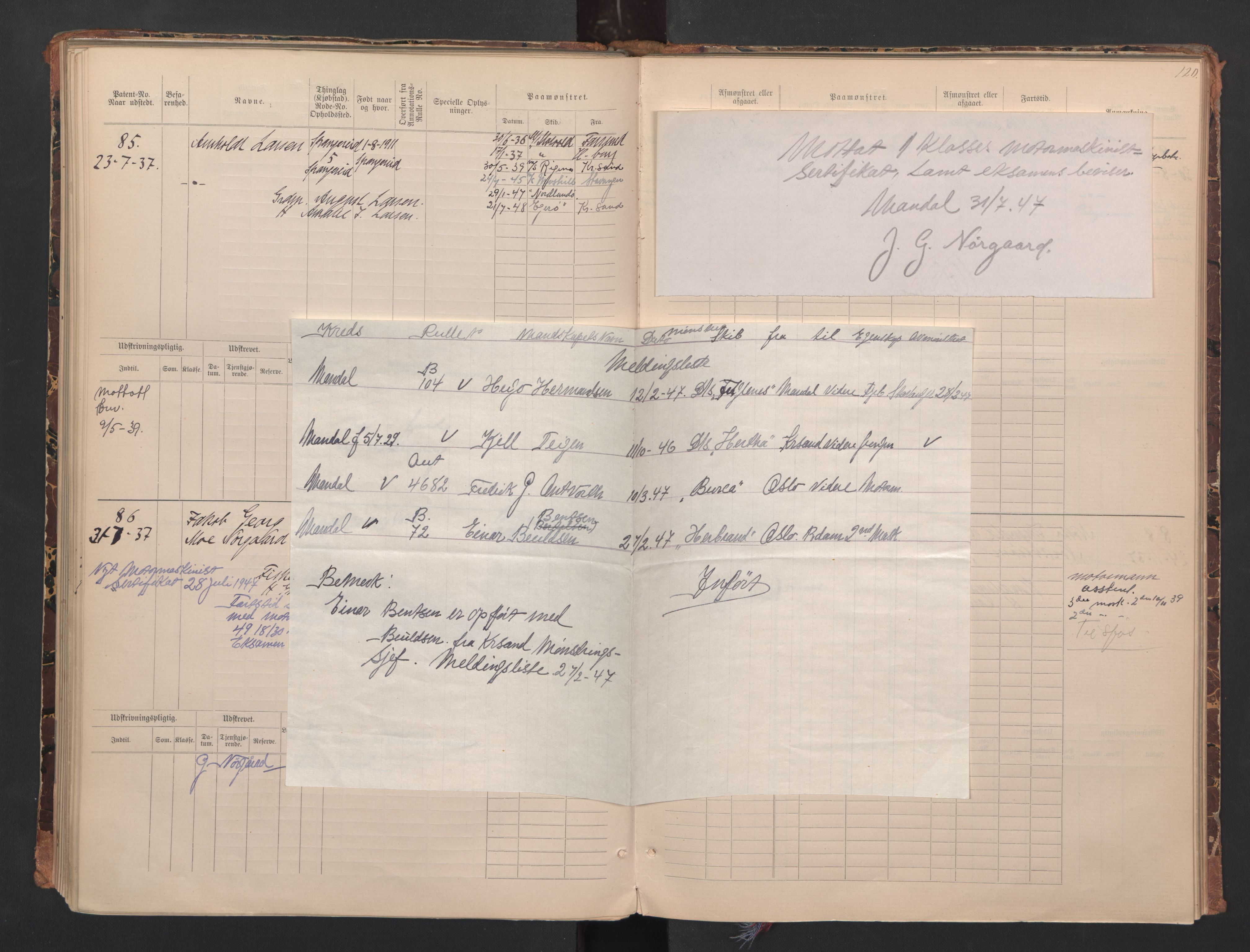 Mandal mønstringskrets, AV/SAK-2031-0016/F/Fa/L0008: Annotasjonsrulle nr 1-3, hovedrulle nr 1-122, maskinister og fyrbøtere, med register, Y-18, 1883-1948, p. 78