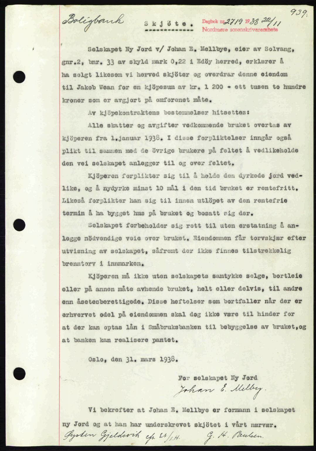 Nordmøre sorenskriveri, SAT/A-4132/1/2/2Ca: Mortgage book no. A84, 1938-1938, Diary no: : 2719/1938