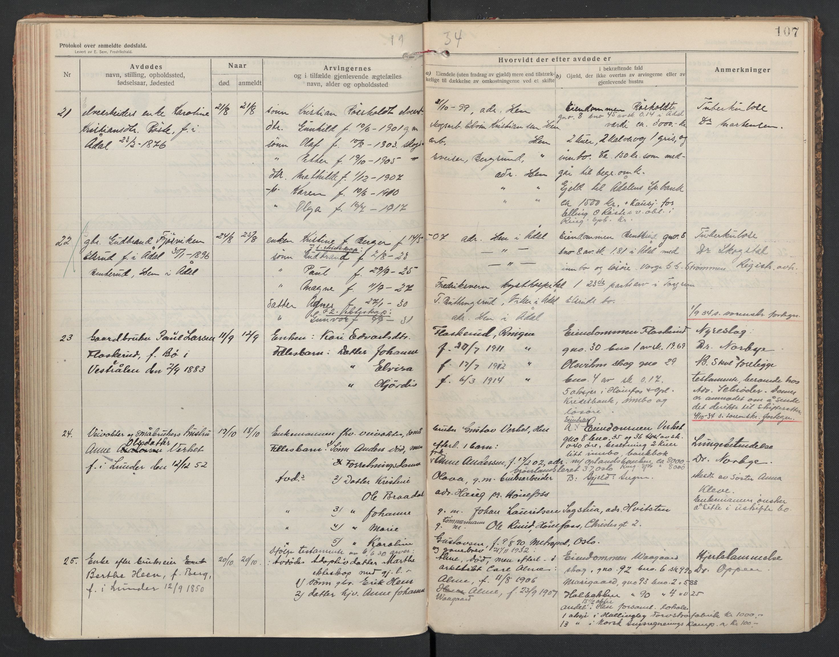 Ådal lensmannskontor, SAKO/A-518/H/Ha/L0001/0002: Dødsfallsprotokoll  / Dødsfallsprotokoll 2, 1919-1942, p. 107