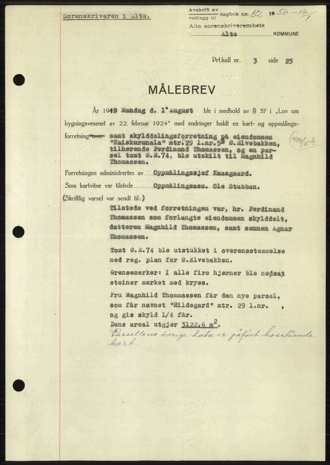 Alta fogderi/sorenskriveri, AV/SATØ-SATØ-5/1/K/Kd/L0038pantebok: Mortgage book no. 41-42, 1949-1950, Diary no: : 52/1950