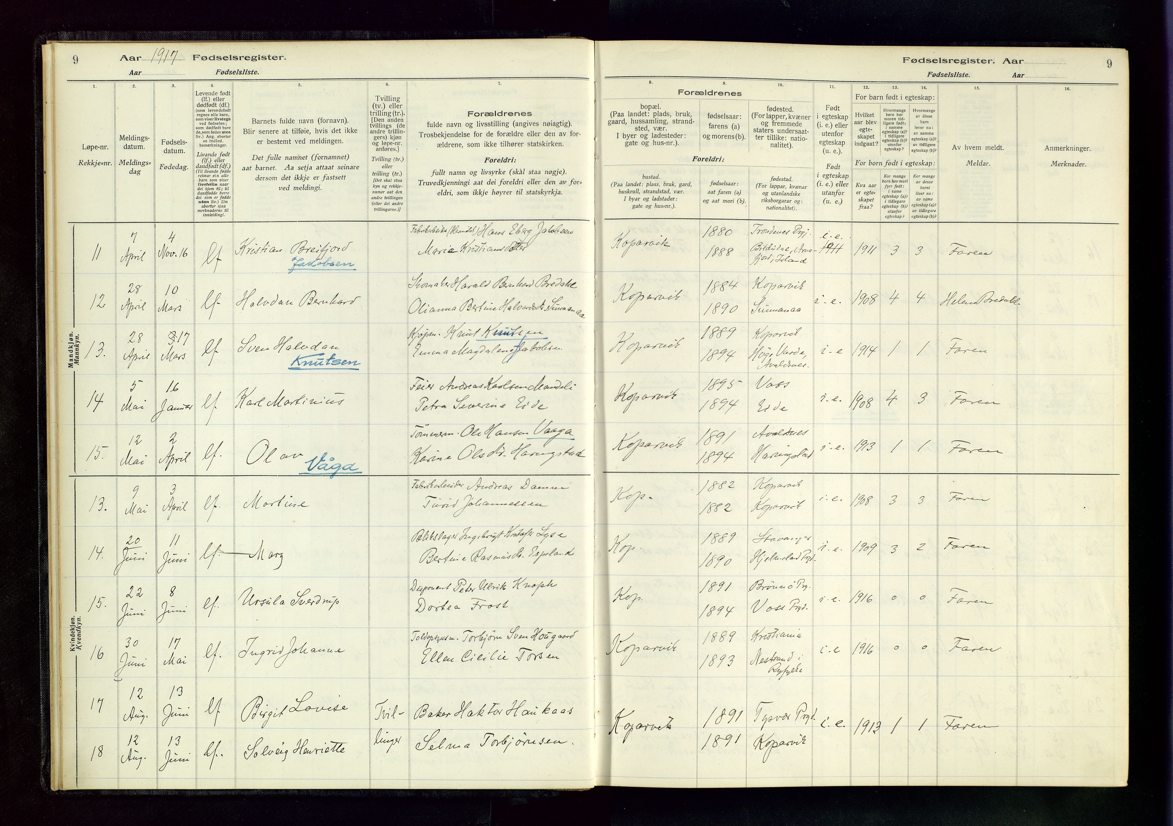 Kopervik sokneprestkontor, AV/SAST-A-101850/I/Id/L0001: Birth register no. 1, 1916-1952, p. 9