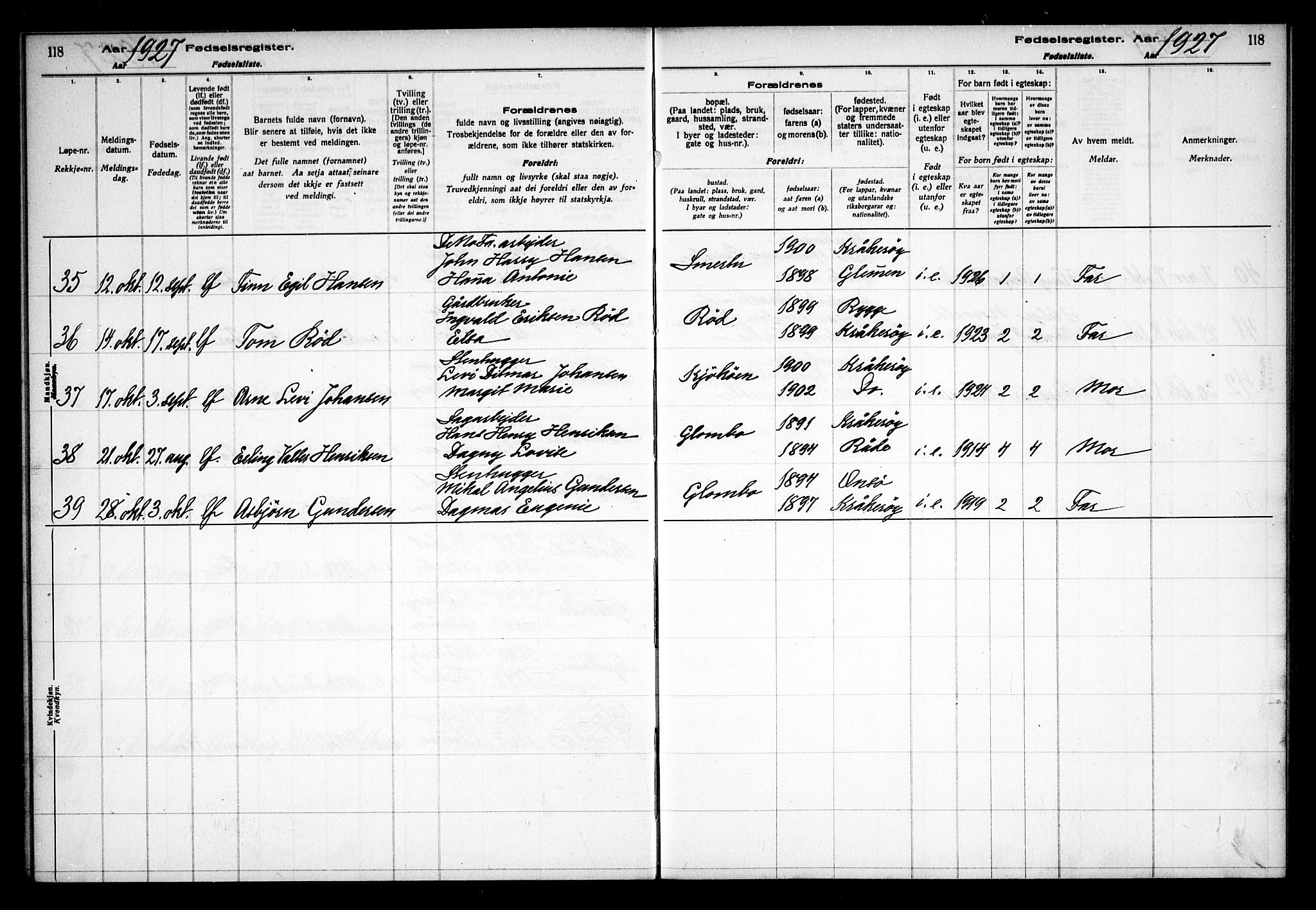 Kråkerøy prestekontor Kirkebøker, AV/SAO-A-10912/J/Ja/L0001: Birth register no. 1, 1916-1938, p. 118