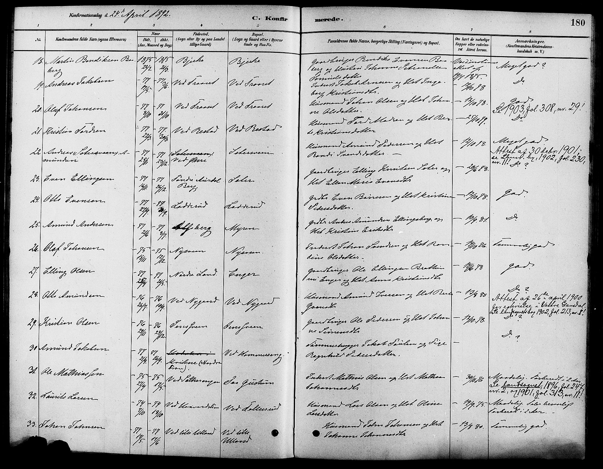 Fåberg prestekontor, SAH/PREST-086/H/Ha/Haa/L0008: Parish register (official) no. 8, 1879-1898, p. 180