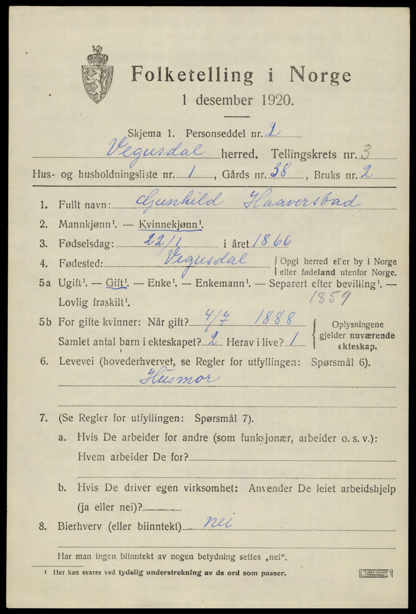 SAK, 1920 census for Vegusdal, 1920, p. 773