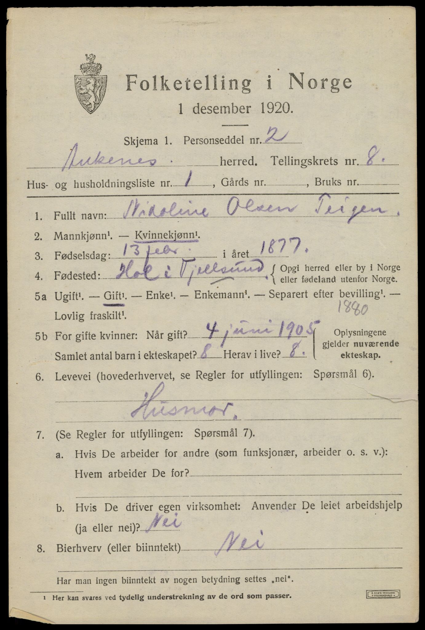 SAT, 1920 census for Ankenes, 1920, p. 3925