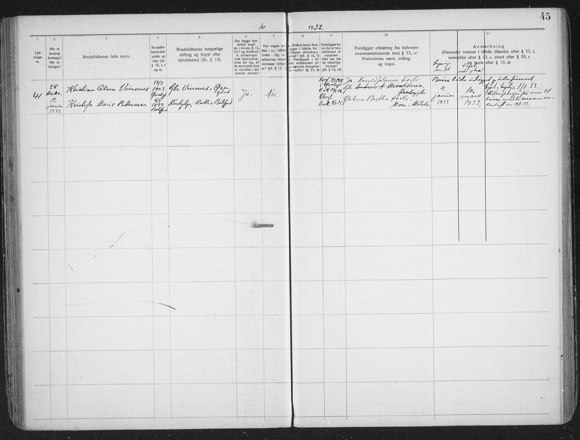 Målselv sokneprestembete, SATØ/S-1311/I/Id/L0041: Banns register no. 41, 1919-1942, p. 45