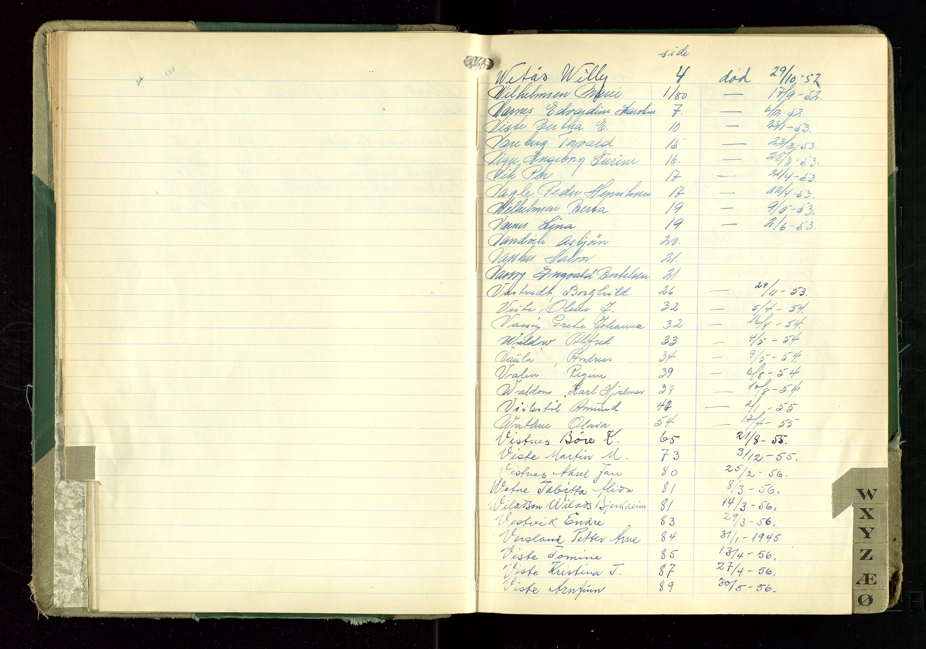 Hetland lensmannskontor, AV/SAST-A-100101/Gga/L0006: "Protokoll over anmeldte dødsfall" (med alfabetisk navneregister), 1952-1959