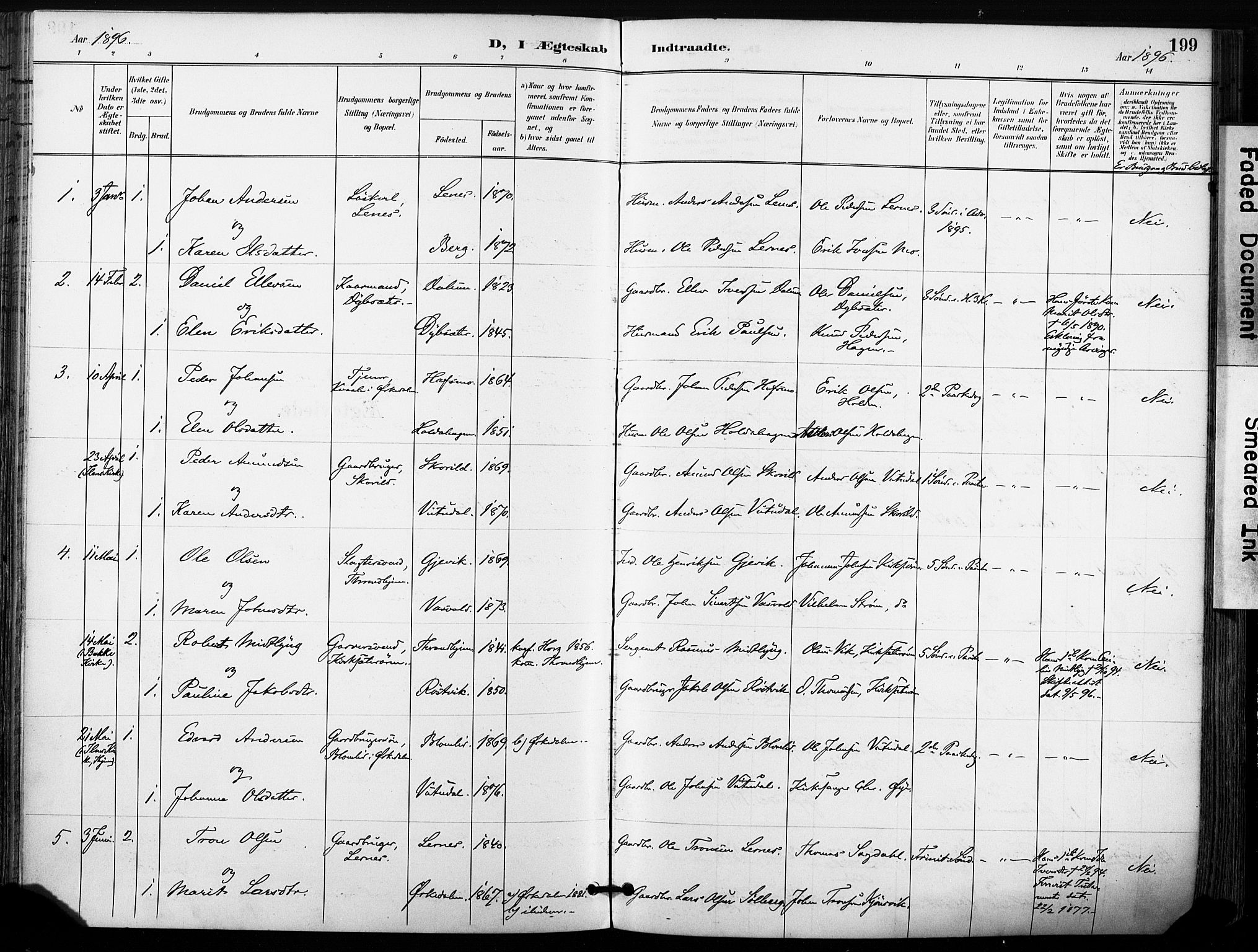 Ministerialprotokoller, klokkerbøker og fødselsregistre - Sør-Trøndelag, SAT/A-1456/630/L0497: Parish register (official) no. 630A10, 1896-1910, p. 199