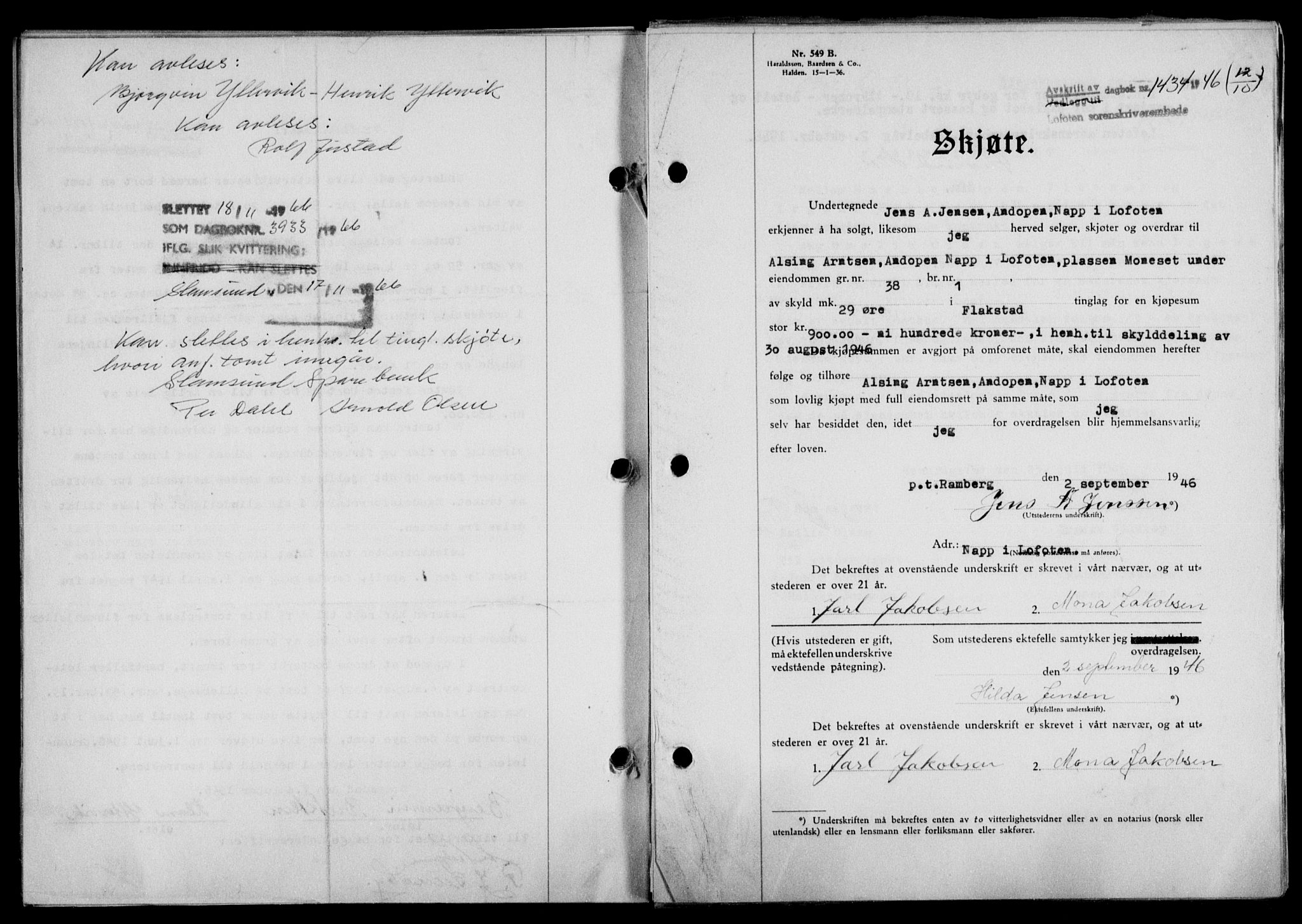 Lofoten sorenskriveri, SAT/A-0017/1/2/2C/L0014a: Mortgage book no. 14a, 1946-1946, Diary no: : 1434/1946
