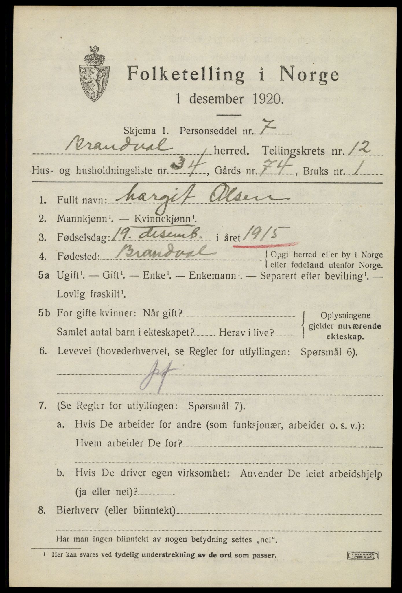 SAH, 1920 census for Brandval, 1920, p. 8832