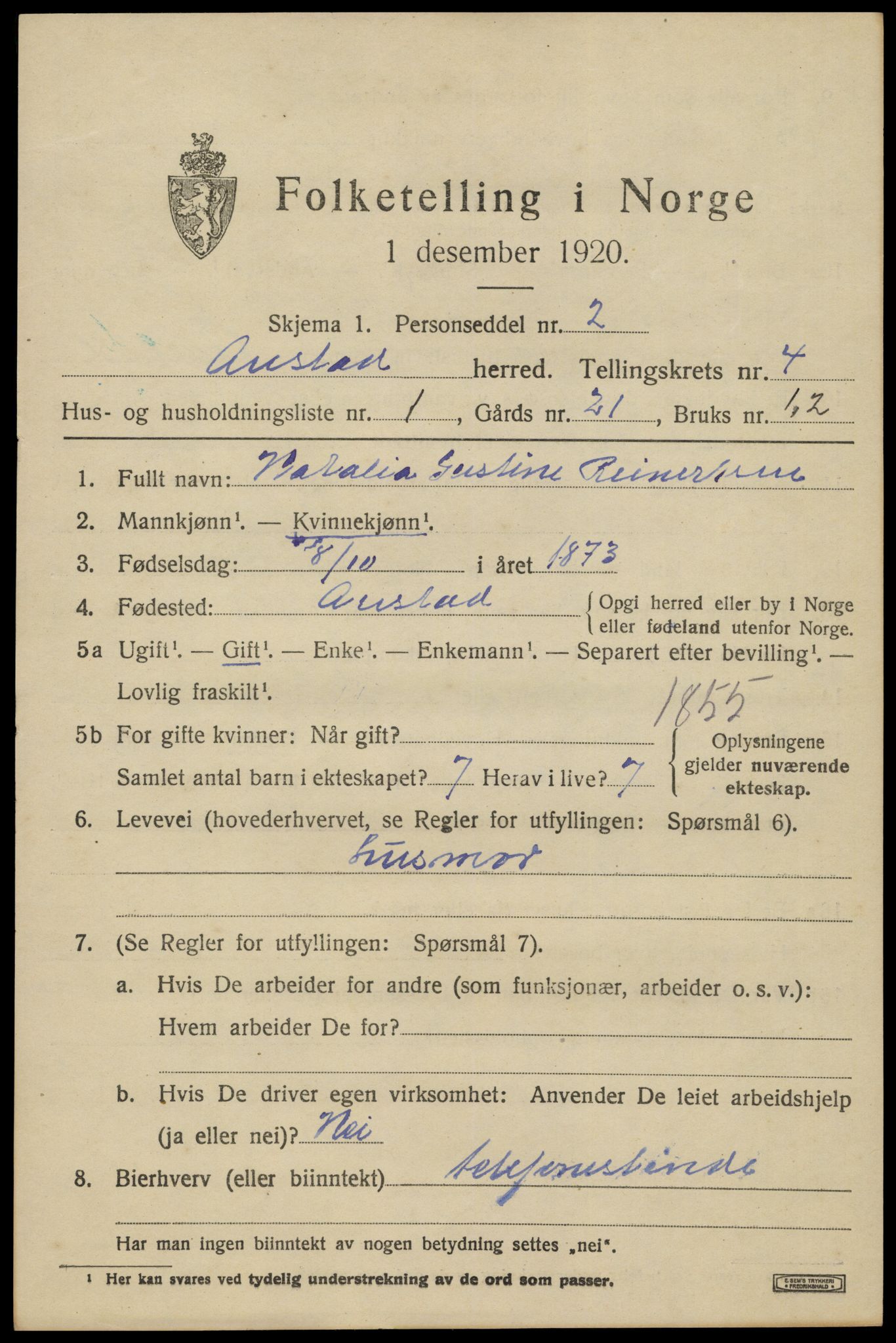 SAK, 1920 census for Austad, 1920, p. 1407