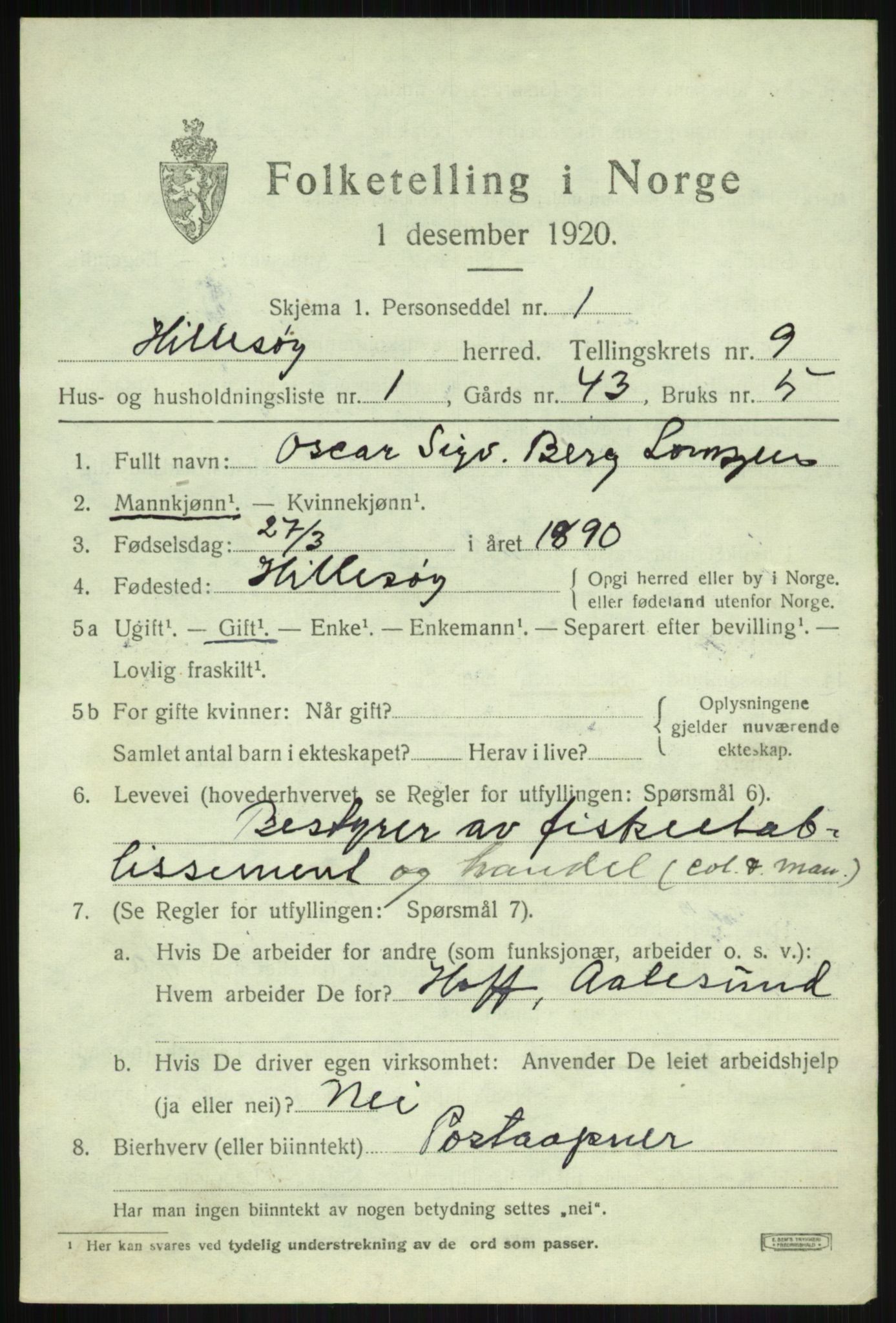 SATØ, 1920 census for Hillesøy, 1920, p. 4301