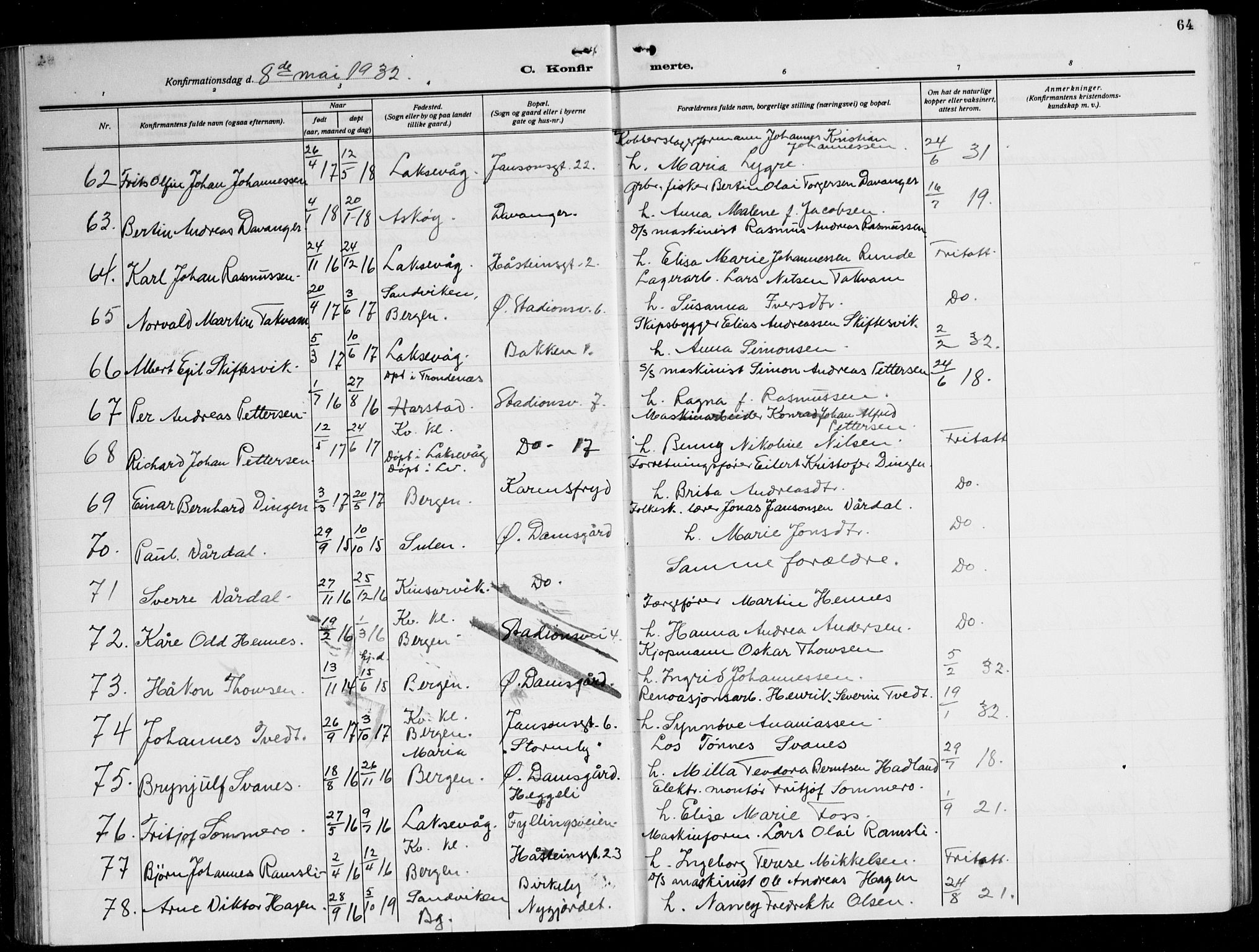 Laksevåg Sokneprestembete, AV/SAB-A-76501/H/Ha/Hab/Haba: Parish register (copy) no. A 10, 1925-1942, p. 64