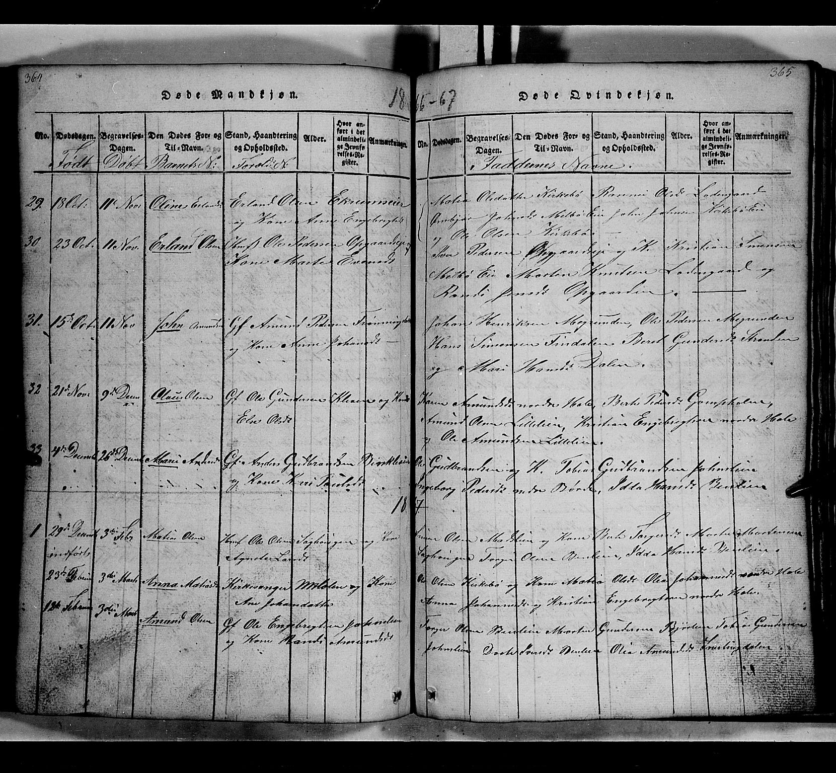 Gausdal prestekontor, SAH/PREST-090/H/Ha/Hab/L0002: Parish register (copy) no. 2, 1818-1874, p. 364-365