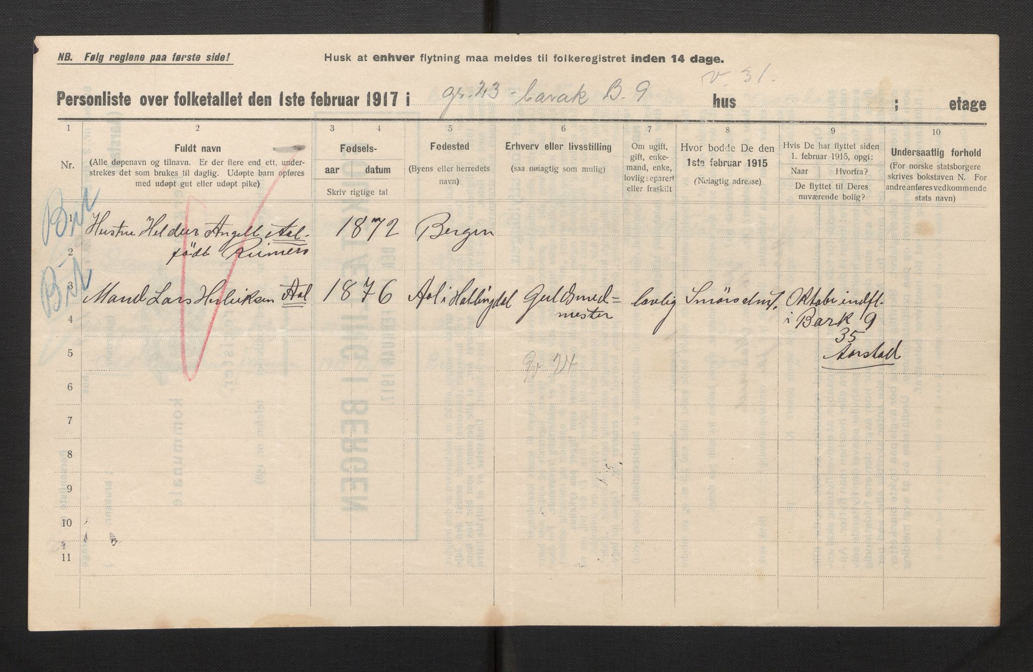 SAB, Municipal Census 1917 for Bergen, 1917, p. 53970