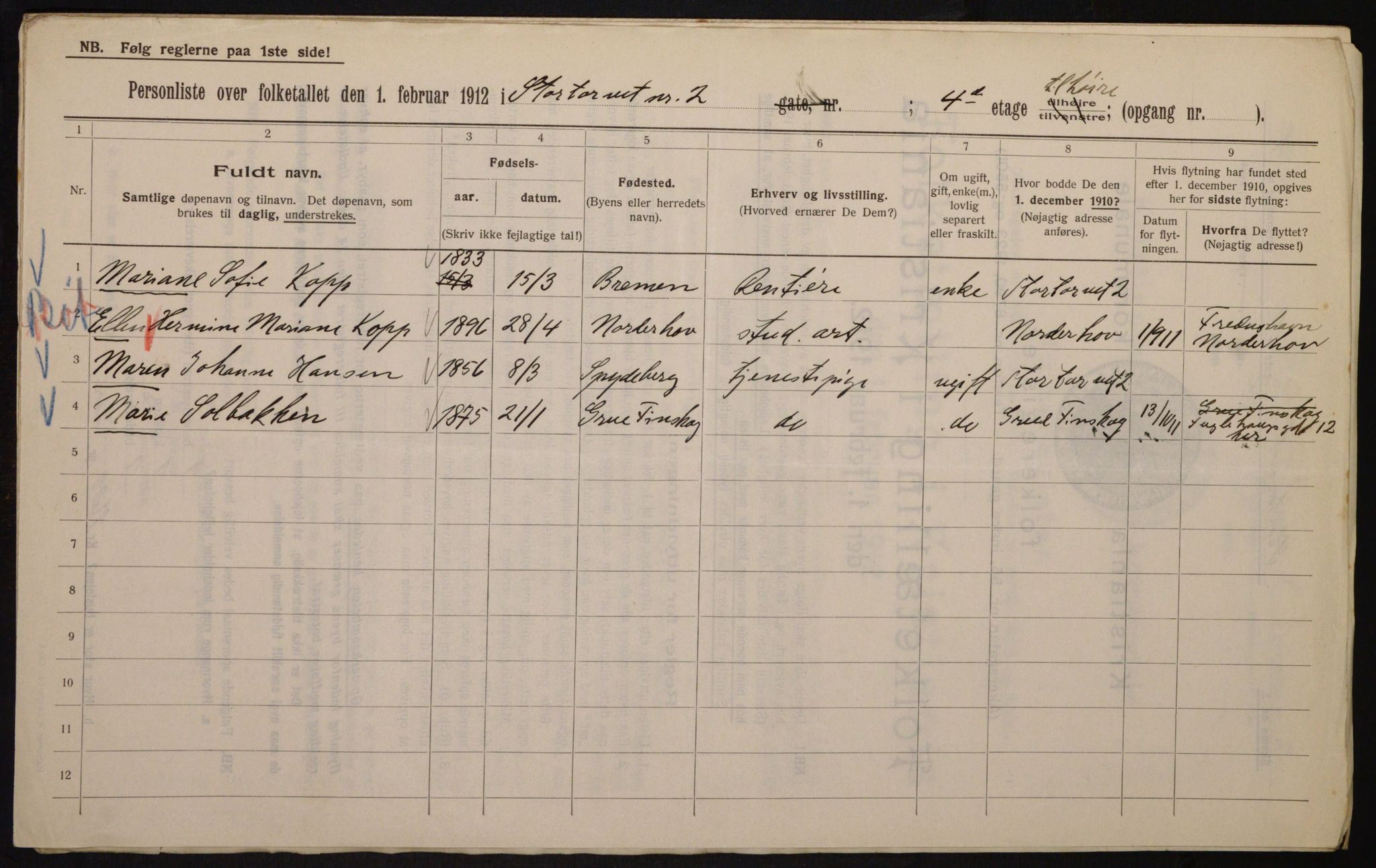 OBA, Municipal Census 1912 for Kristiania, 1912, p. 115122