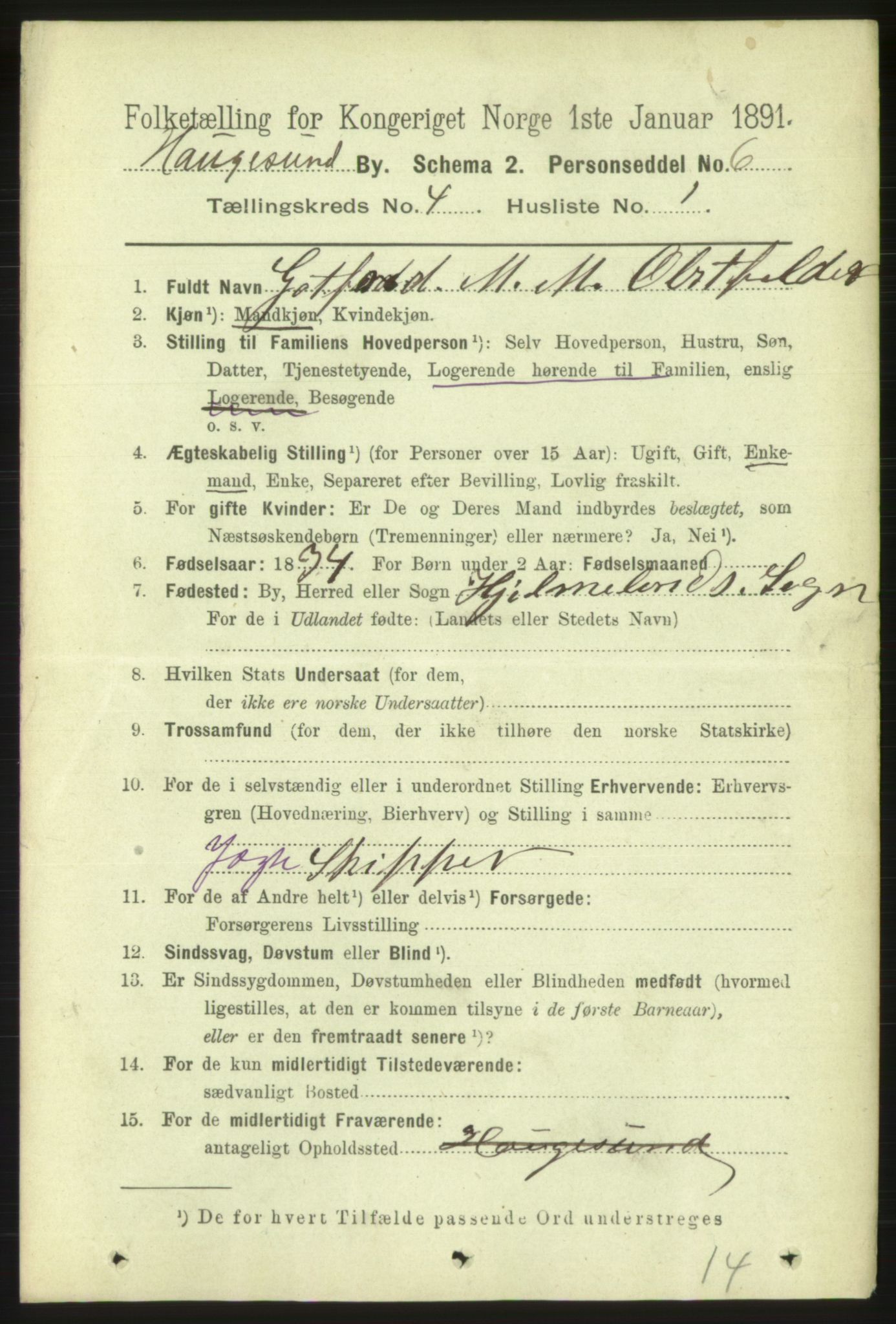 RA, 1891 census for 1106 Haugesund, 1891, p. 1160