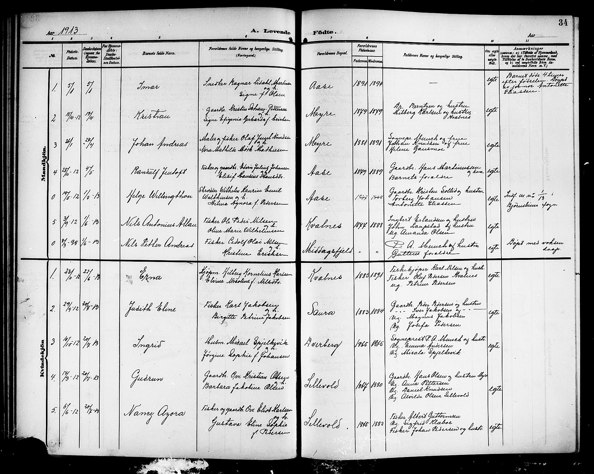 Ministerialprotokoller, klokkerbøker og fødselsregistre - Nordland, SAT/A-1459/897/L1414: Parish register (copy) no. 897C04, 1904-1915, p. 34