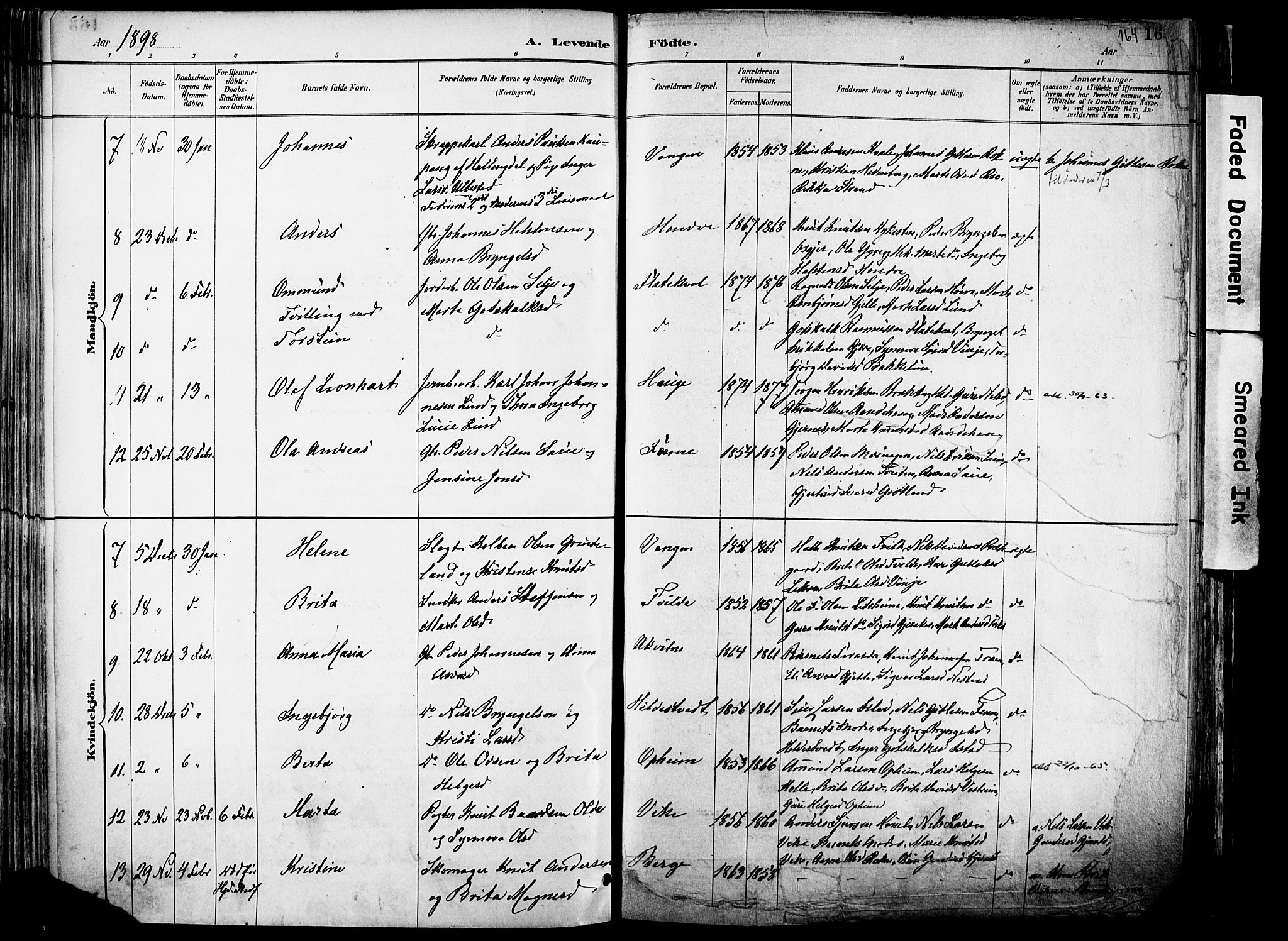 Voss sokneprestembete, SAB/A-79001/H/Haa: Parish register (official) no. A 21, 1887-1903, p. 164