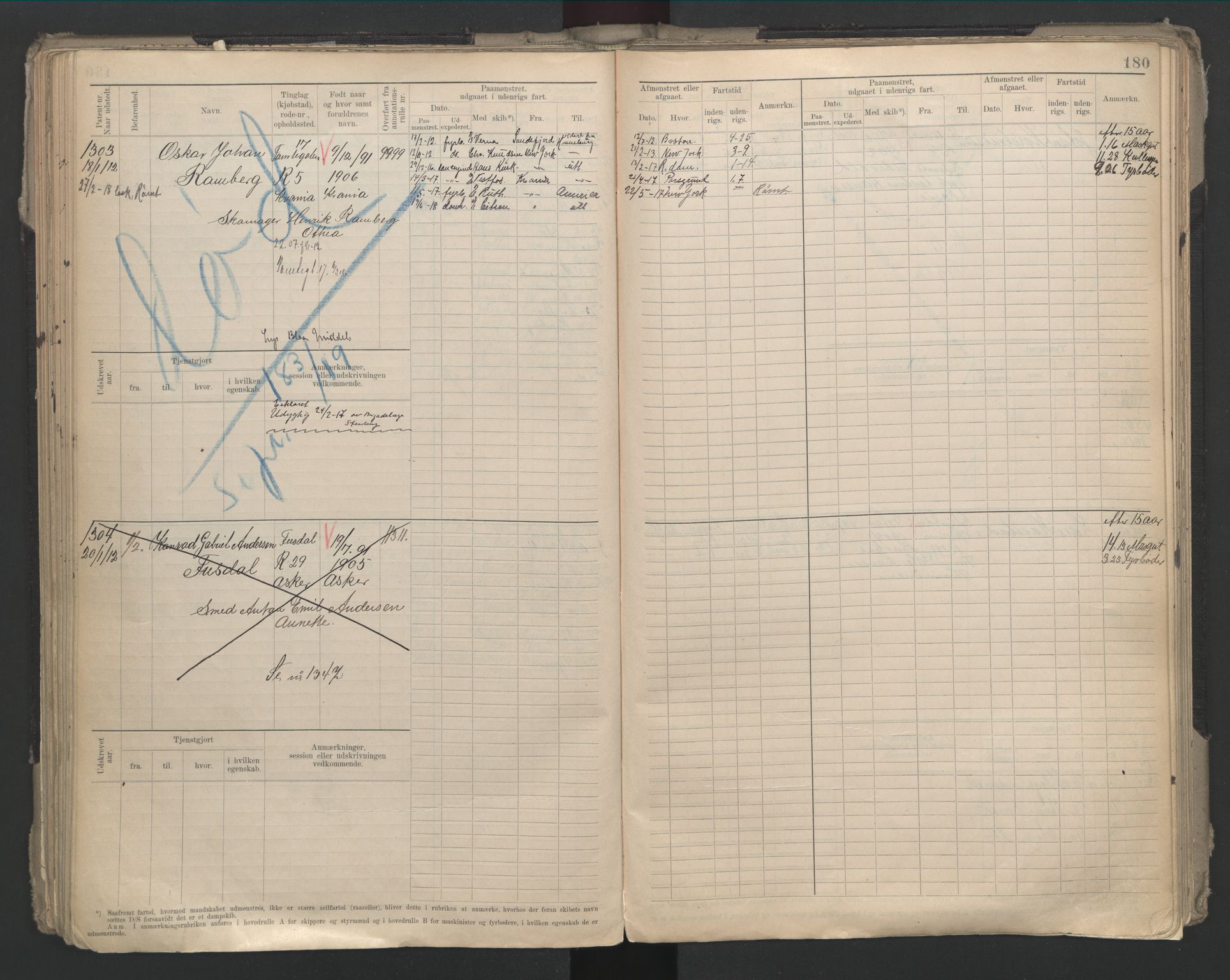 Oslo sjømannskontor, SAO/A-10595/F/Fd/L0002: B-rulle, 1906-1916, p. 179b-180a