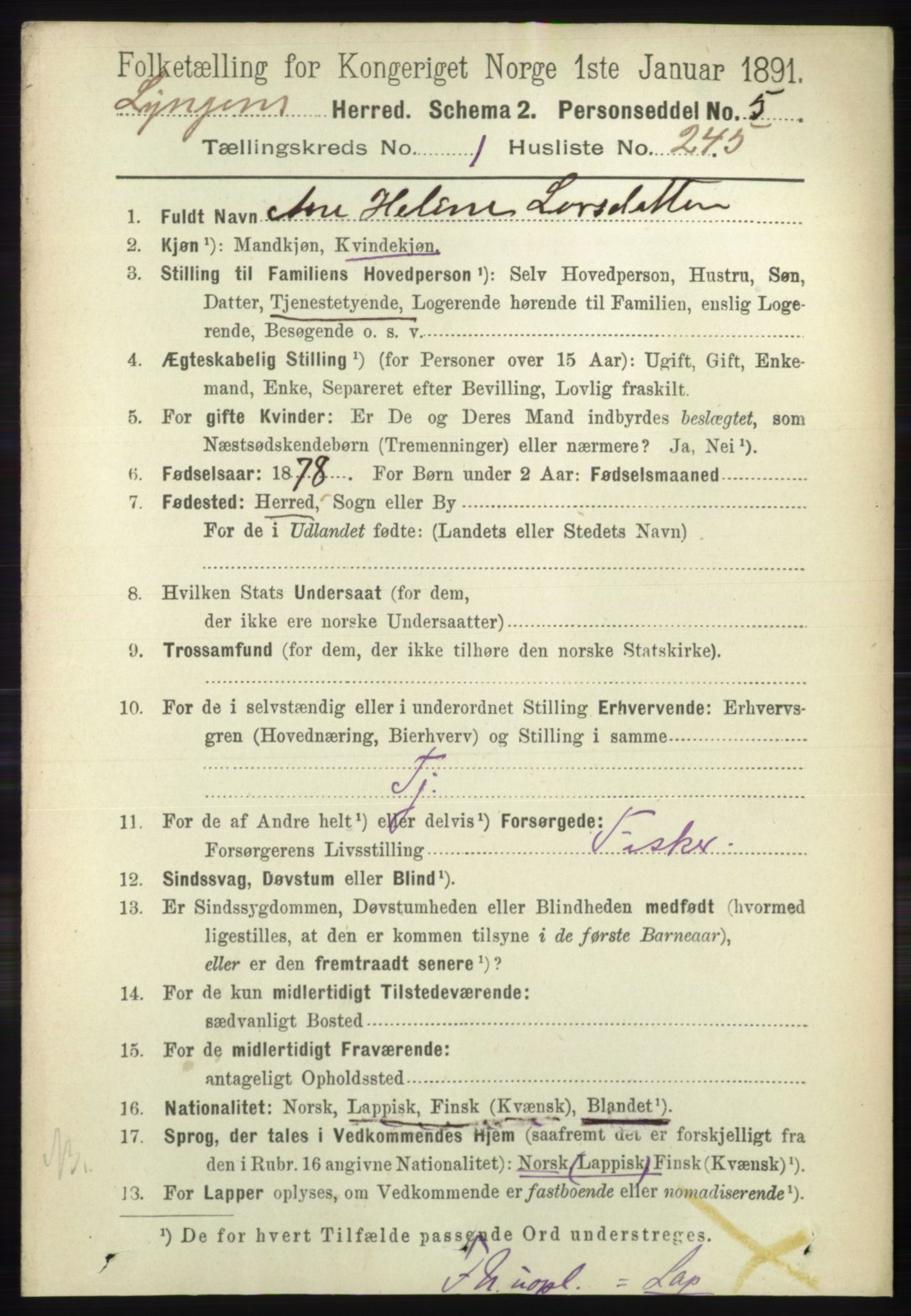 RA, 1891 census for 1938 Lyngen, 1891, p. 1909