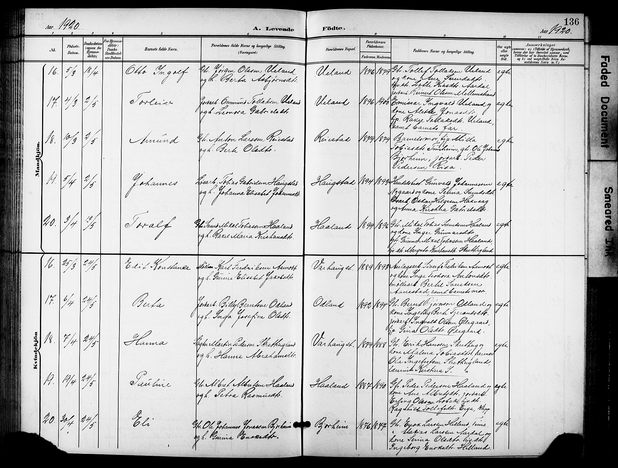 Hå sokneprestkontor, AV/SAST-A-101801/001/30BB/L0006: Parish register (copy) no. B 6, 1900-1924, p. 136