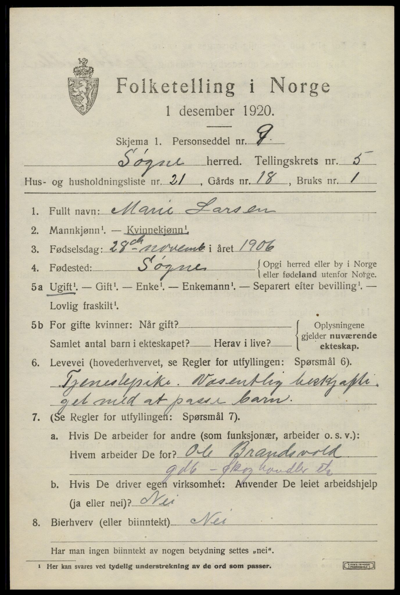 SAK, 1920 census for Søgne, 1920, p. 2473