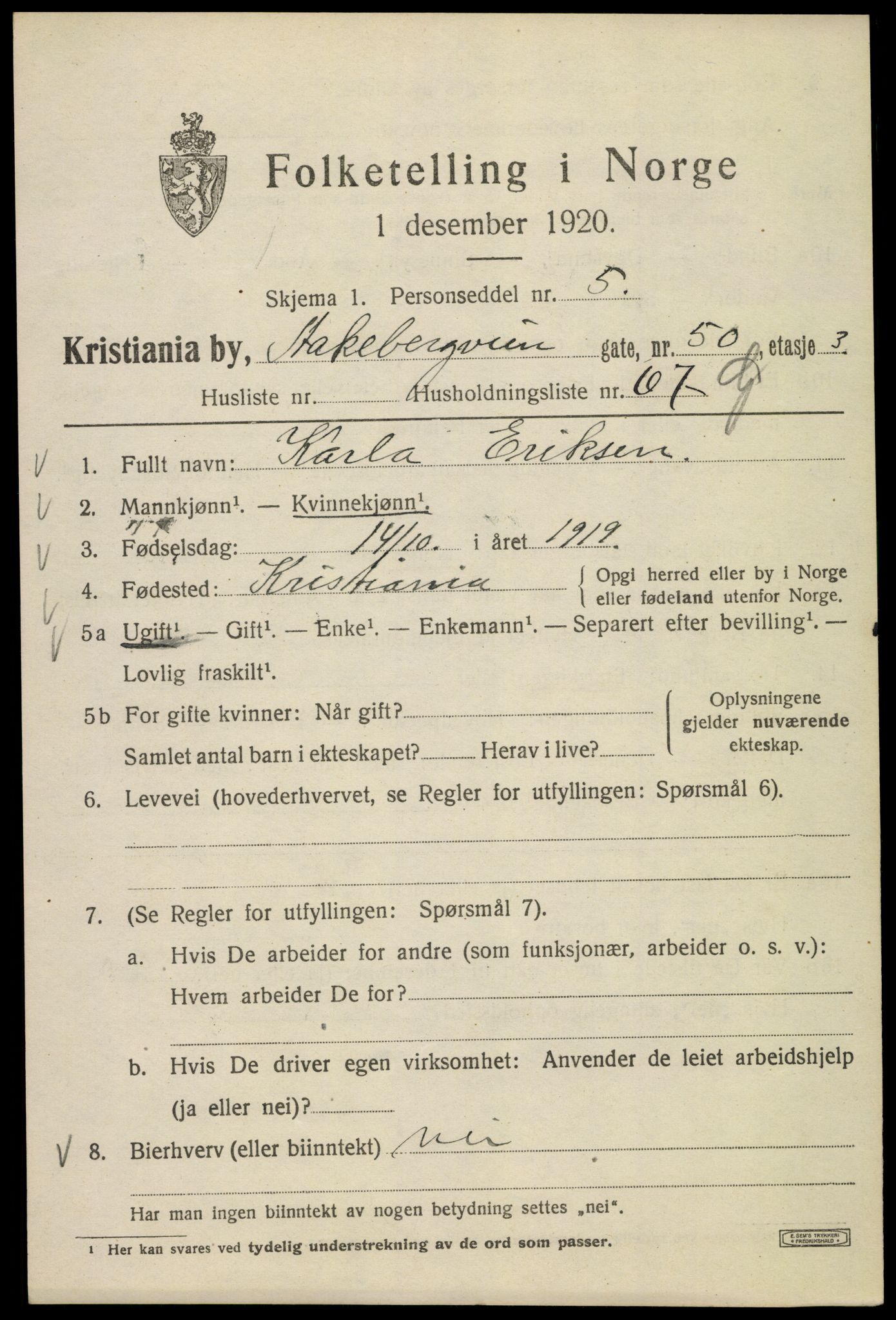 SAO, 1920 census for Kristiania, 1920, p. 136095