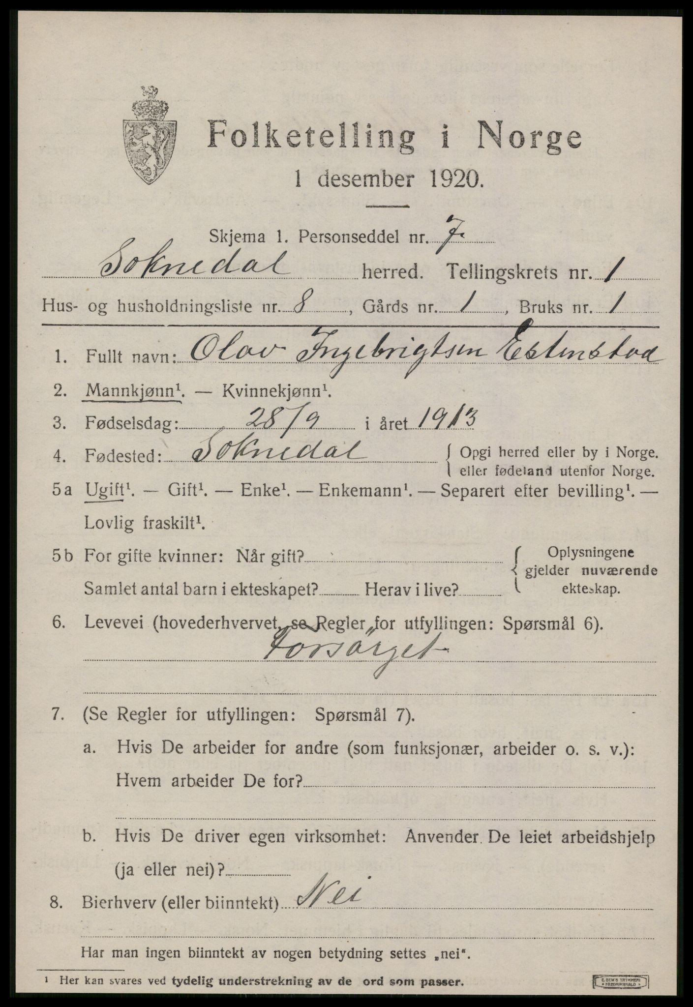 SAT, 1920 census for Soknedal, 1920, p. 850