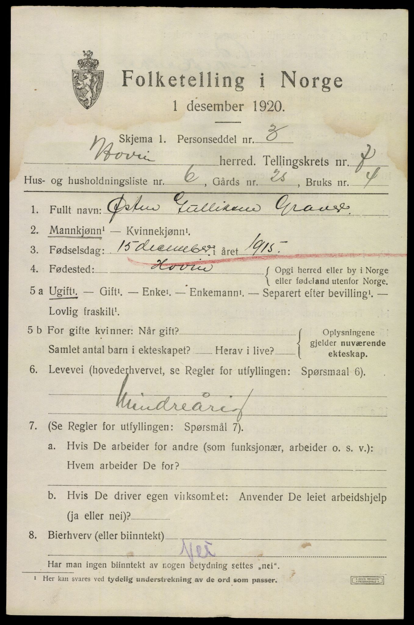 SAKO, 1920 census for Hovin, 1920, p. 1753