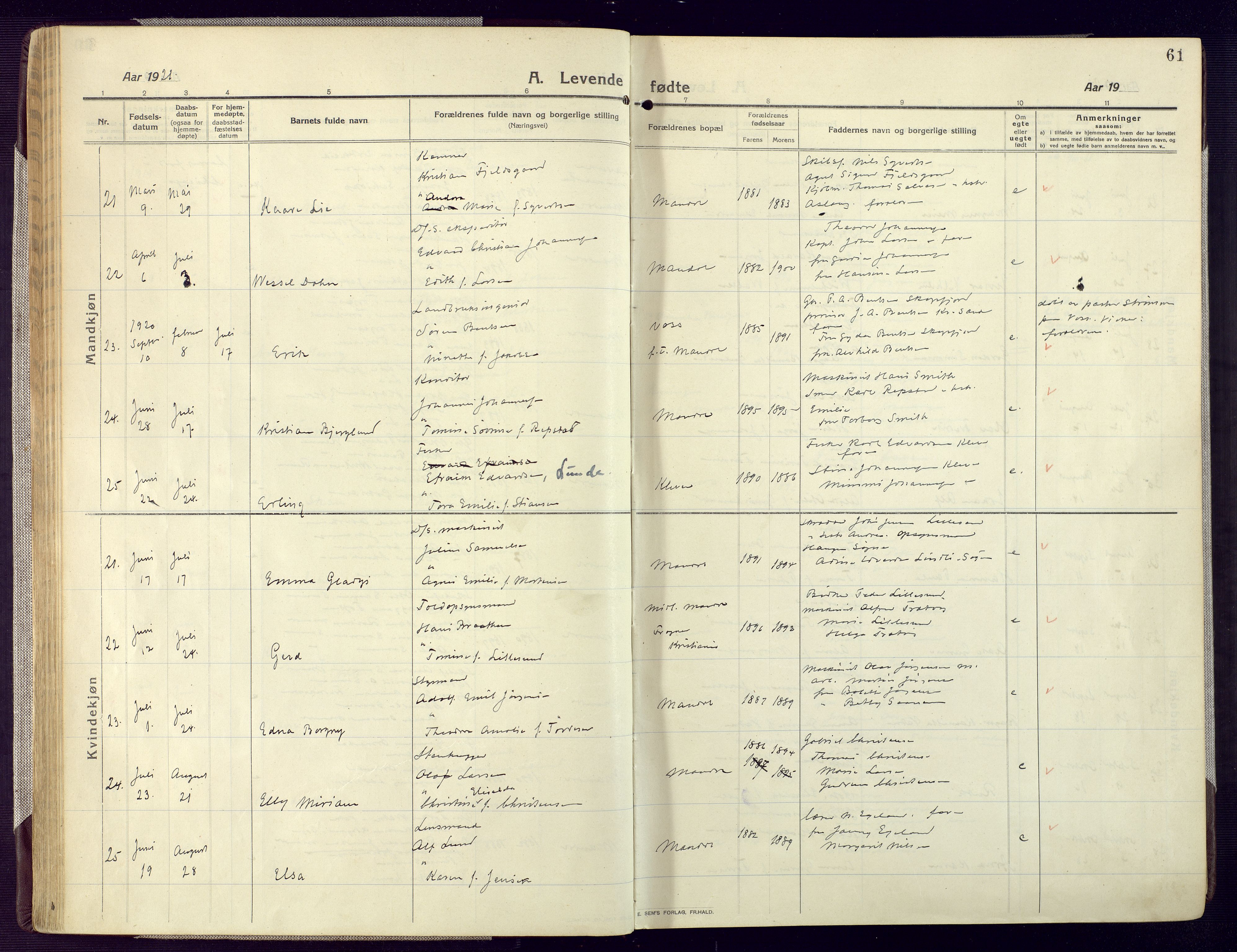 Mandal sokneprestkontor, AV/SAK-1111-0030/F/Fa/Fac/L0001: Parish register (official) no. A 1, 1913-1925, p. 61