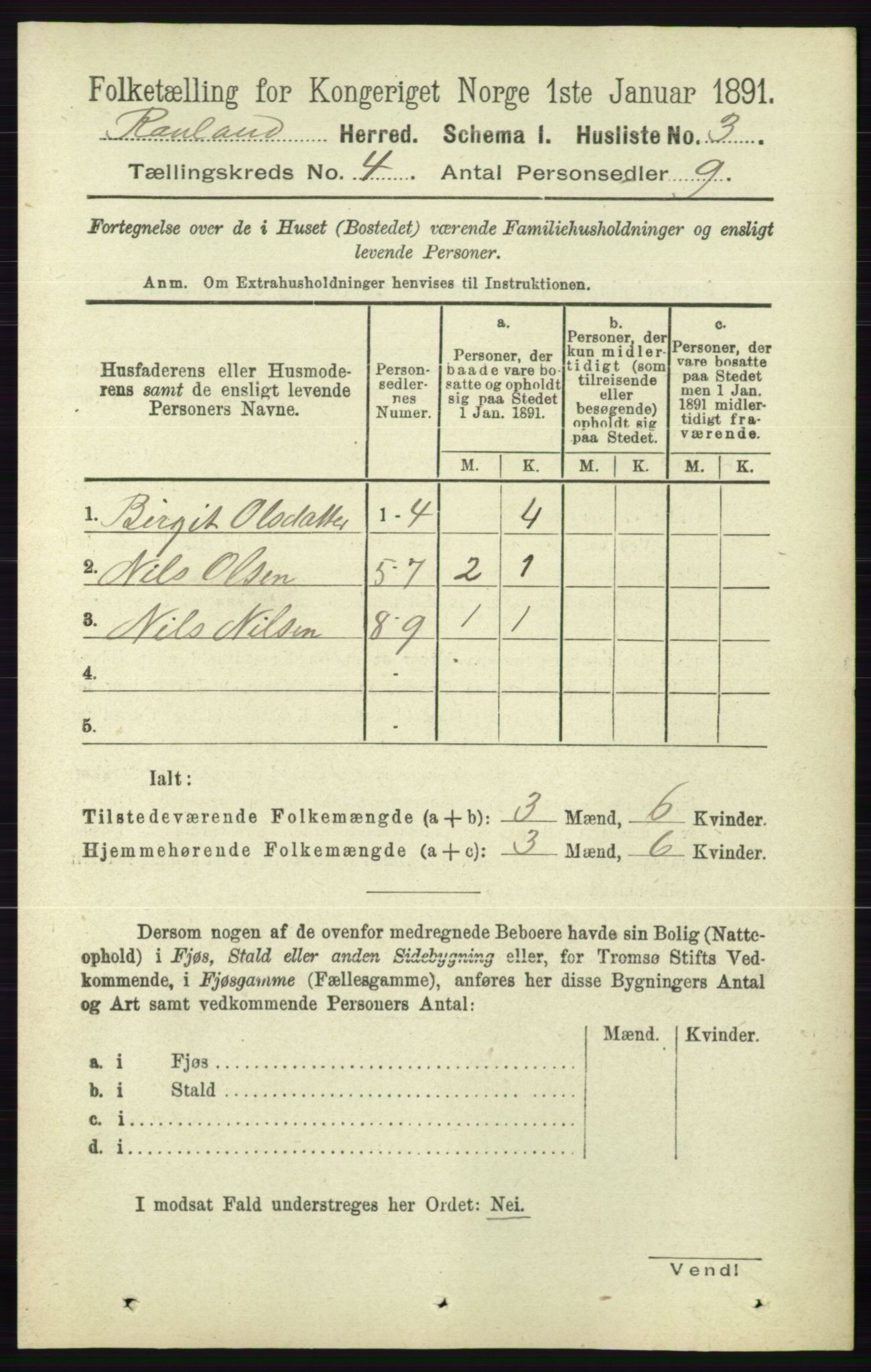 RA, 1891 census for 0835 Rauland, 1891, p. 989