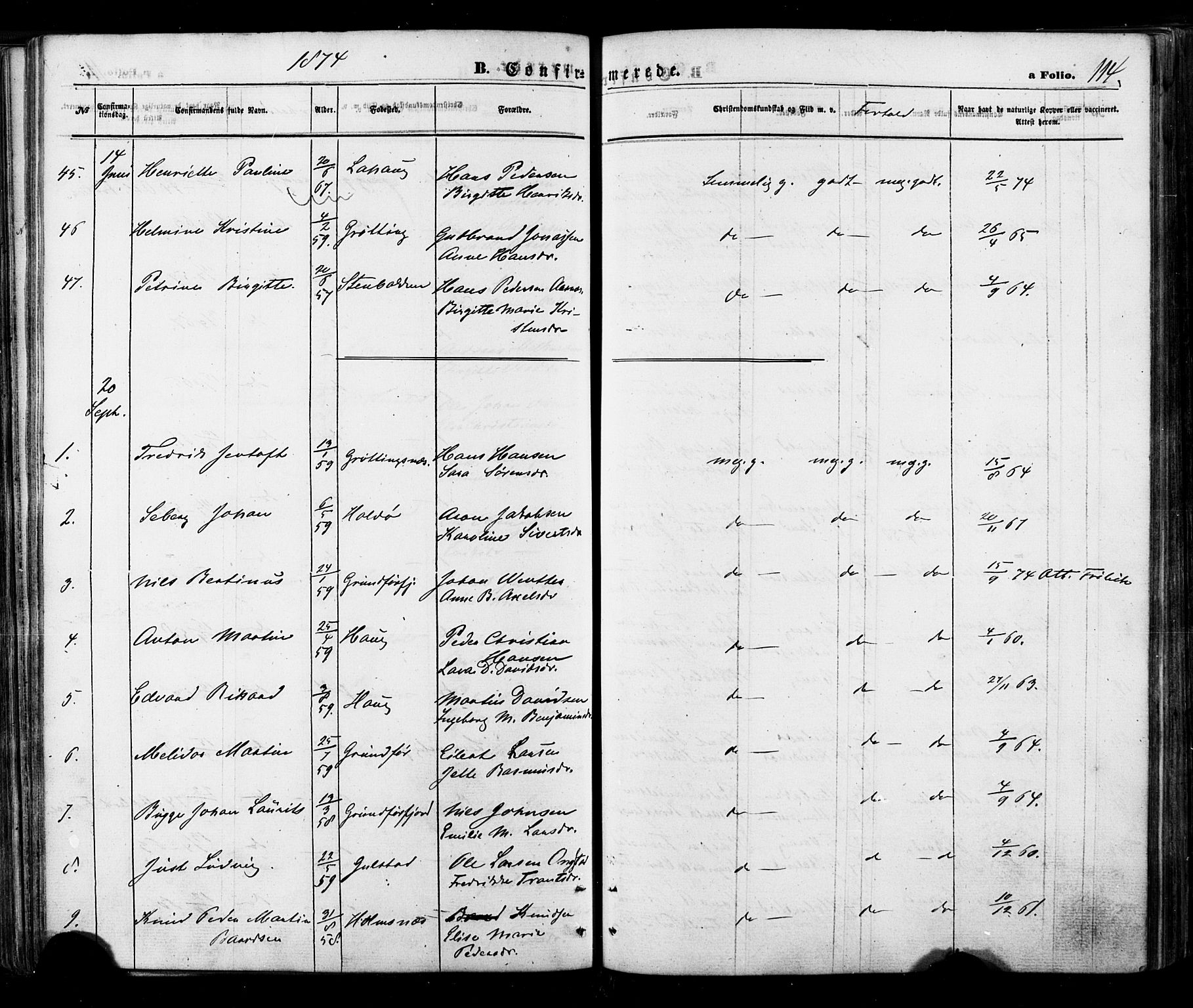 Ministerialprotokoller, klokkerbøker og fødselsregistre - Nordland, AV/SAT-A-1459/888/L1242: Parish register (official) no. 888A08, 1870-1875, p. 114