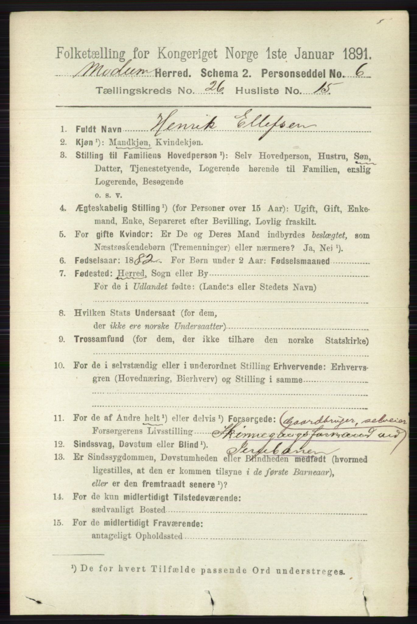 RA, 1891 census for 0623 Modum, 1891, p. 9496