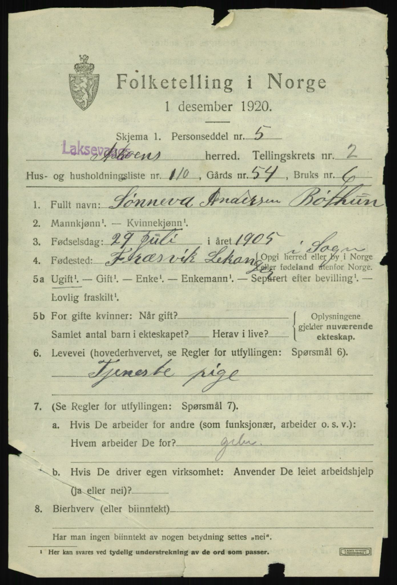 SAB, 1920 census for Laksevåg, 1920, p. 7982