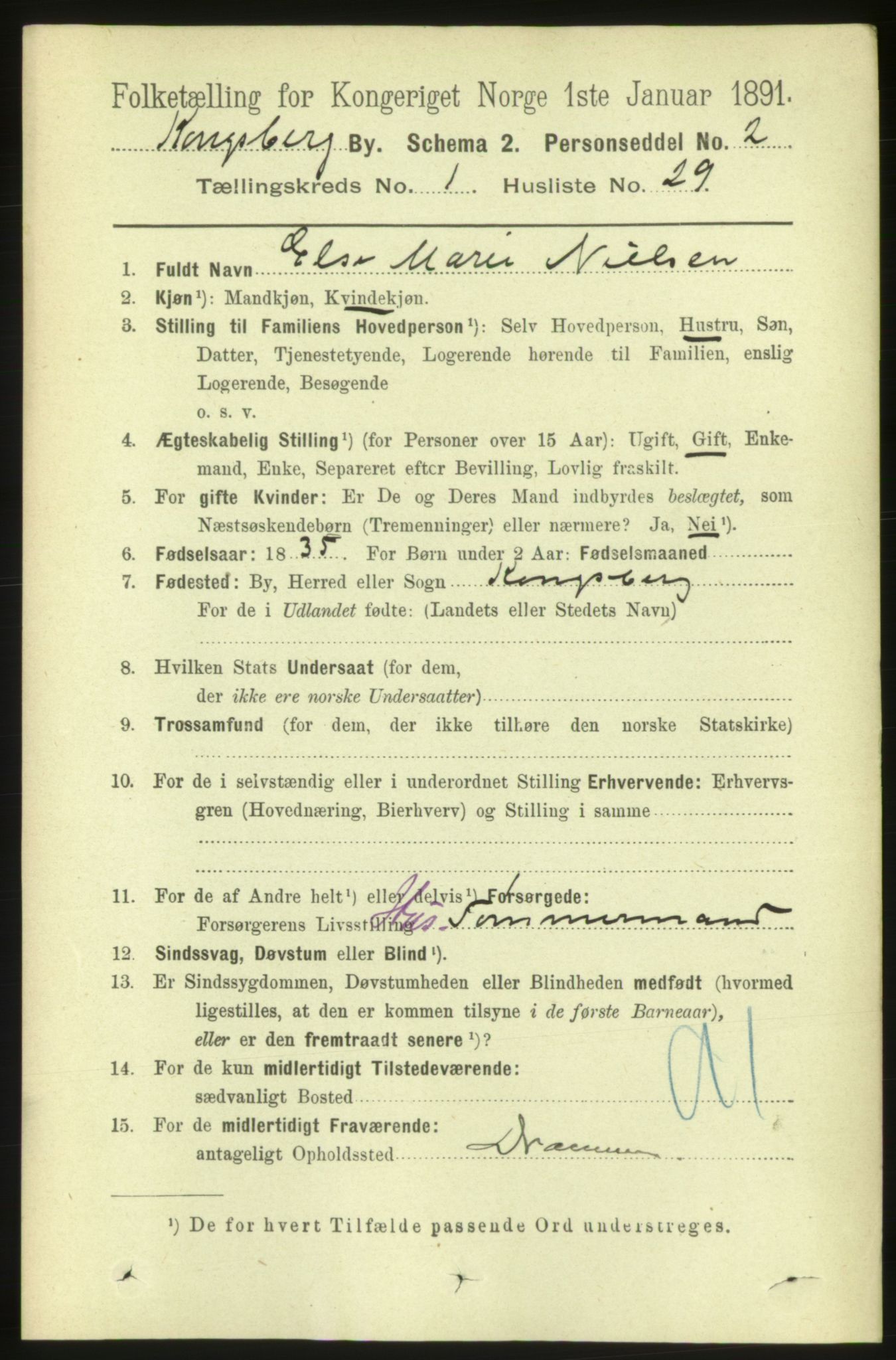 RA, 1891 census for 0604 Kongsberg, 1891, p. 1836