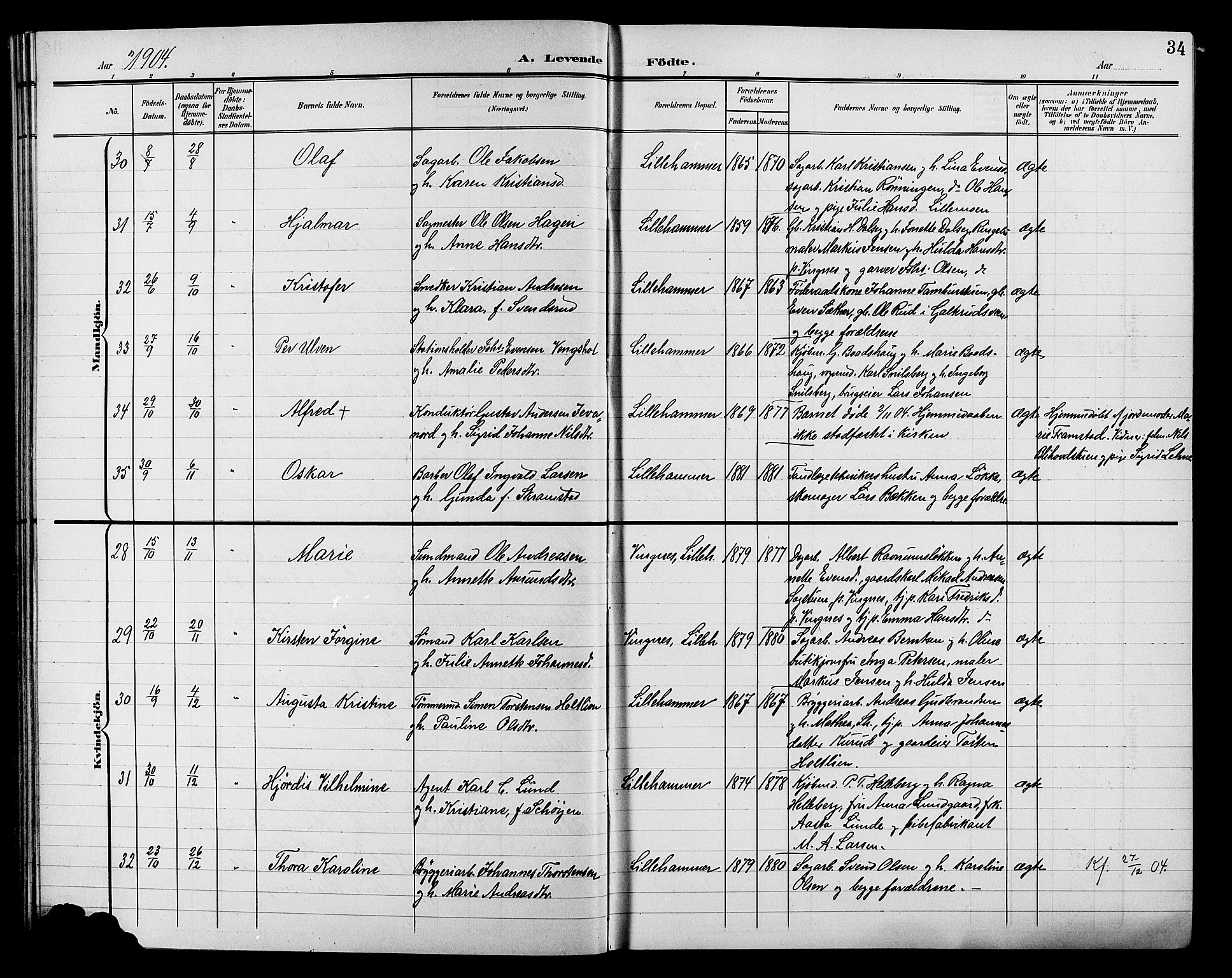 Lillehammer prestekontor, AV/SAH-PREST-088/H/Ha/Hab/L0001: Parish register (copy) no. 1, 1901-1913, p. 34