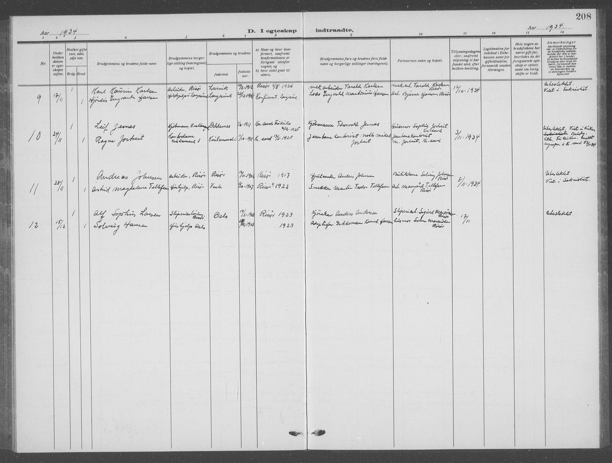 Risør sokneprestkontor, SAK/1111-0035/F/Fb/L0009: Parish register (copy) no. B 9, 1922-1939, p. 208