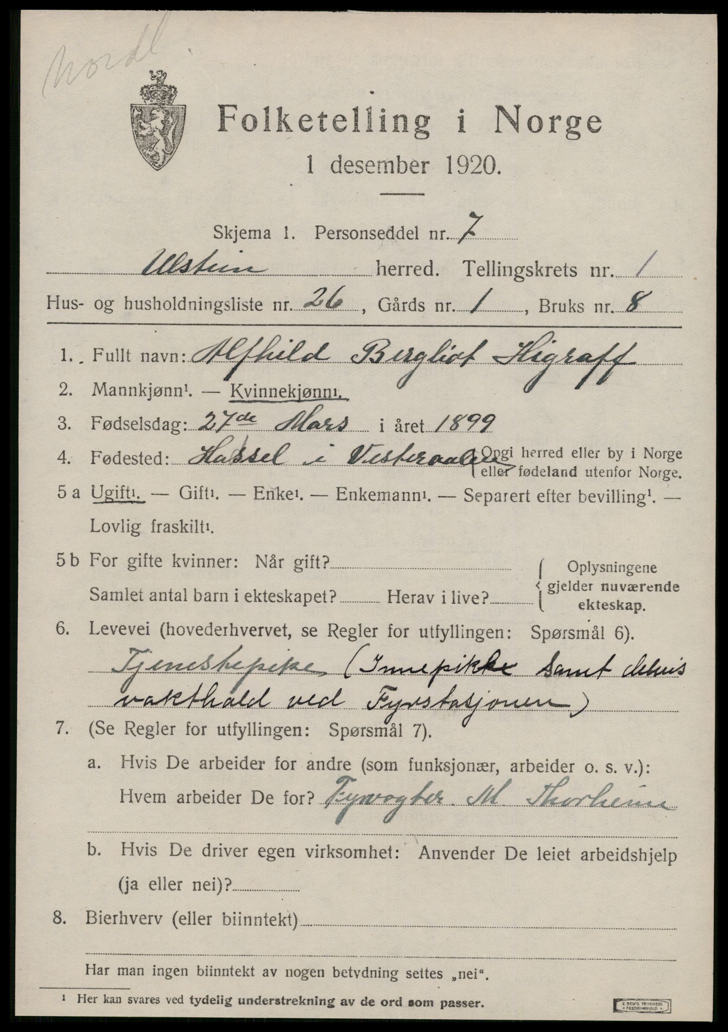 SAT, 1920 census for Ulstein, 1920, p. 1118