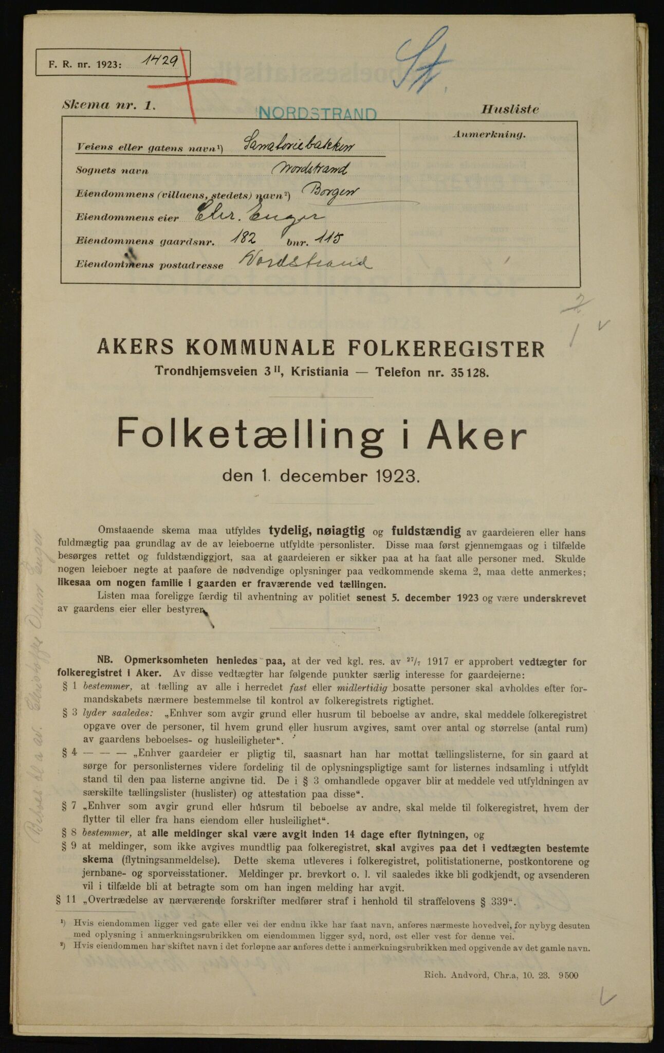 , Municipal Census 1923 for Aker, 1923, p. 44807