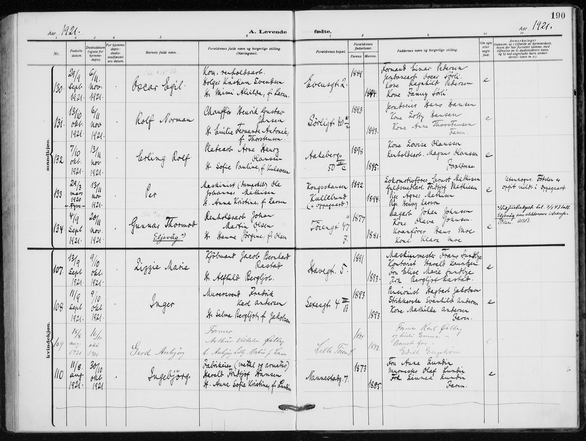 Kampen prestekontor Kirkebøker, AV/SAO-A-10853/F/Fa/L0012: Parish register (official) no. I 12, 1916-1921, p. 190