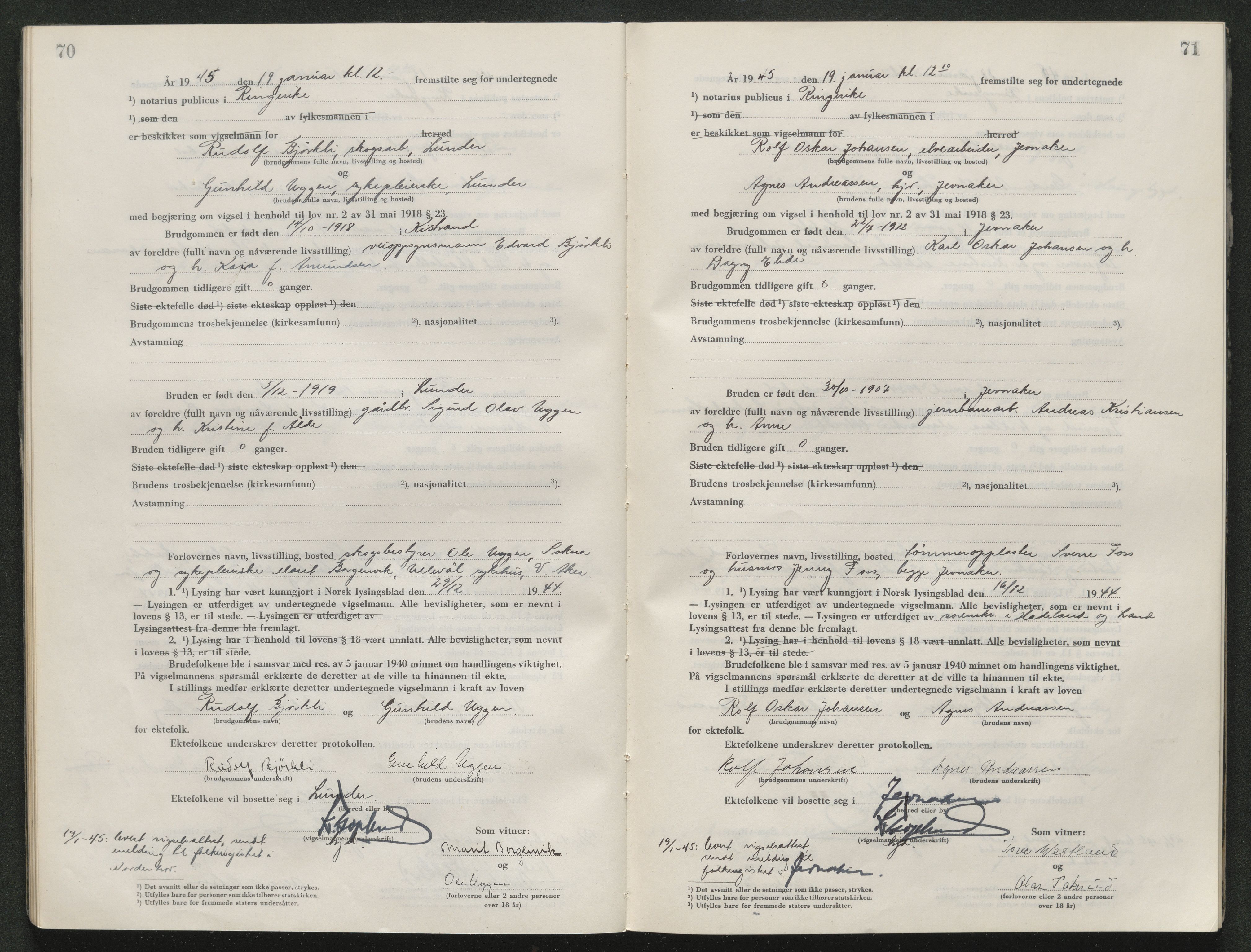 Ringerike sorenskriveri, AV/SAKO-A-105/L/Lc/L0004: Vigselsbok, 1944-1947, p. 70-71