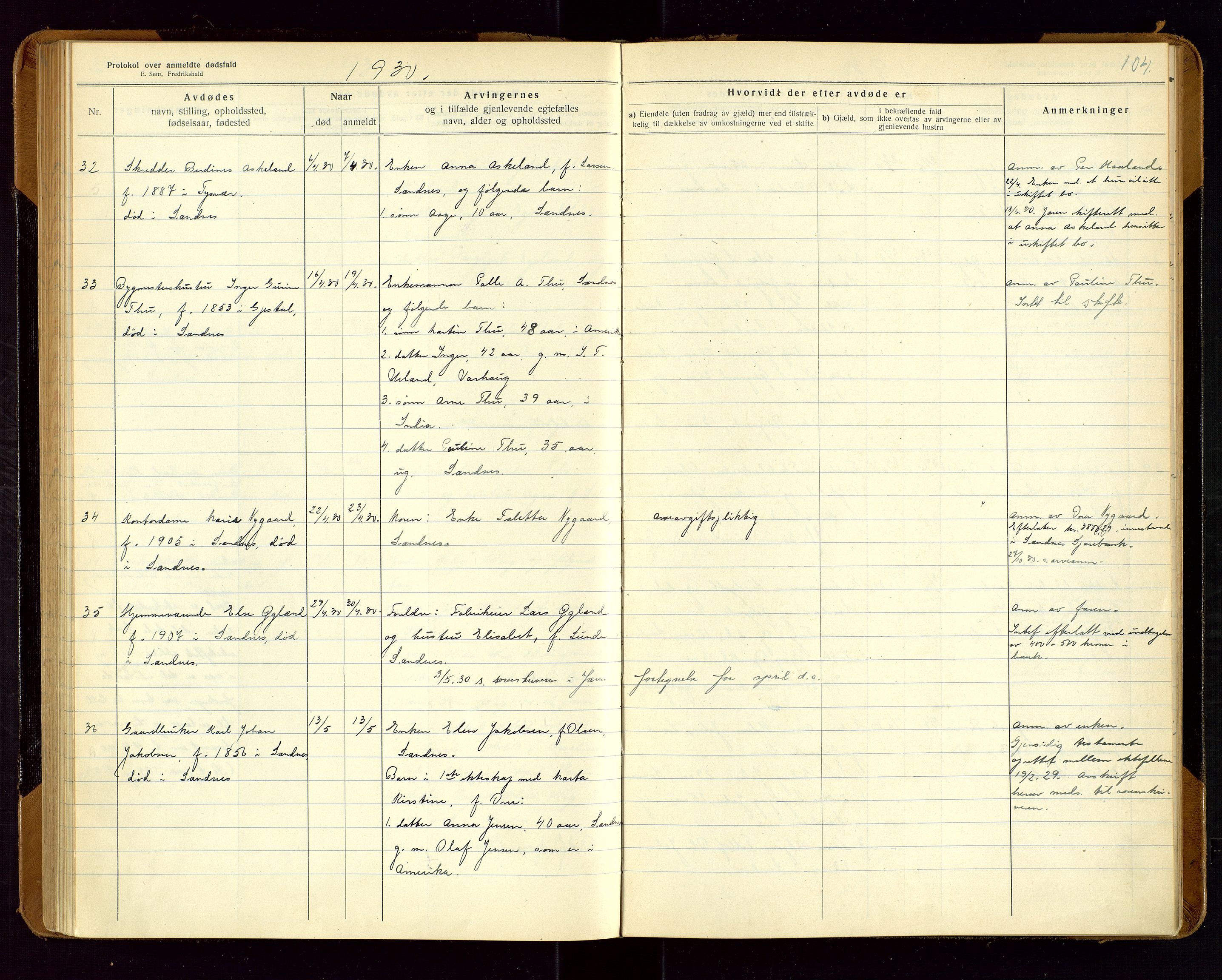 Sandnes lensmannskontor, SAST/A-100167/Gga/L0001: "Protokol over anmeldte dødsfald" m/register, 1918-1940, p. 104