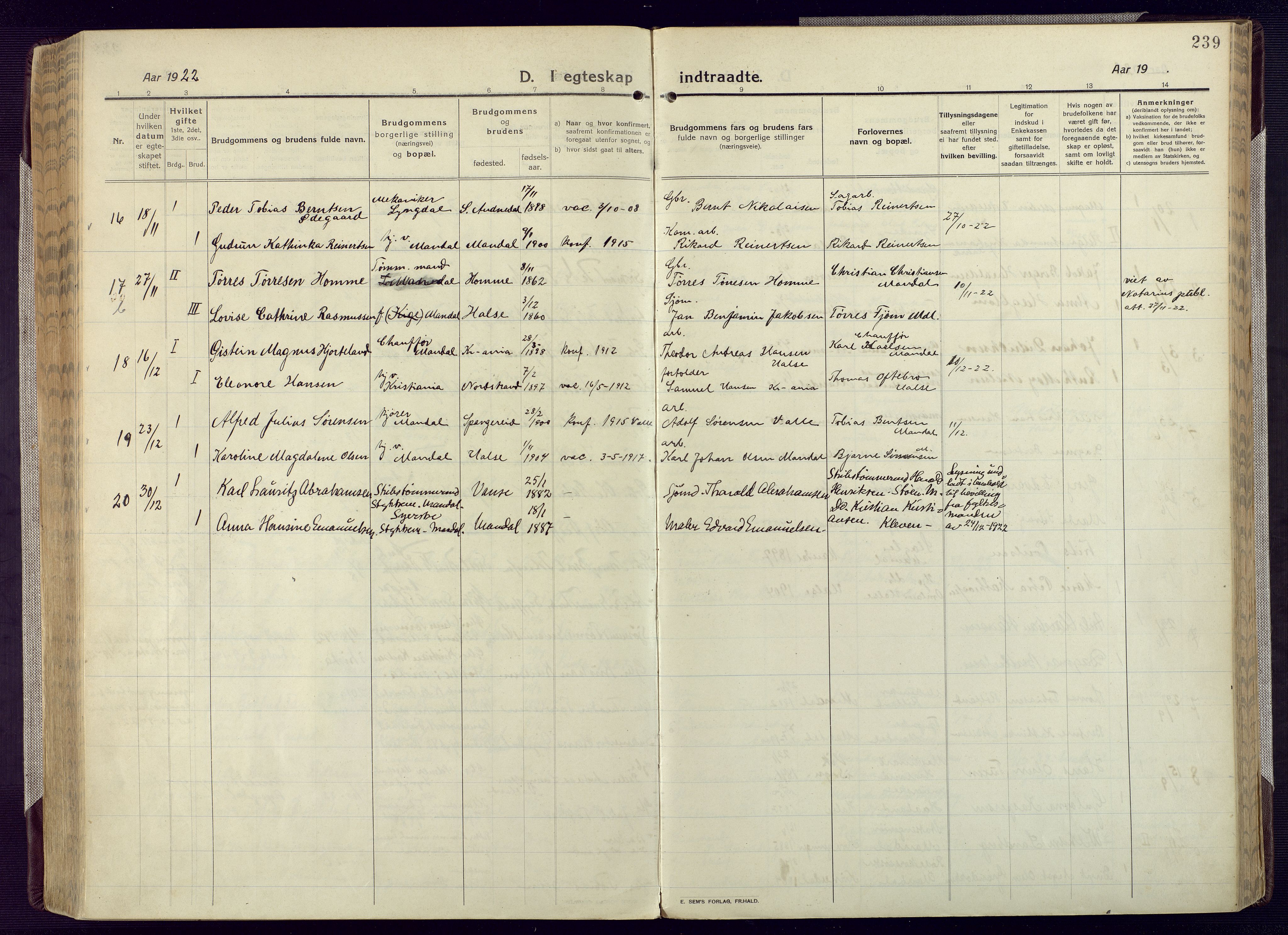 Mandal sokneprestkontor, AV/SAK-1111-0030/F/Fa/Fac/L0001: Parish register (official) no. A 1, 1913-1925, p. 239