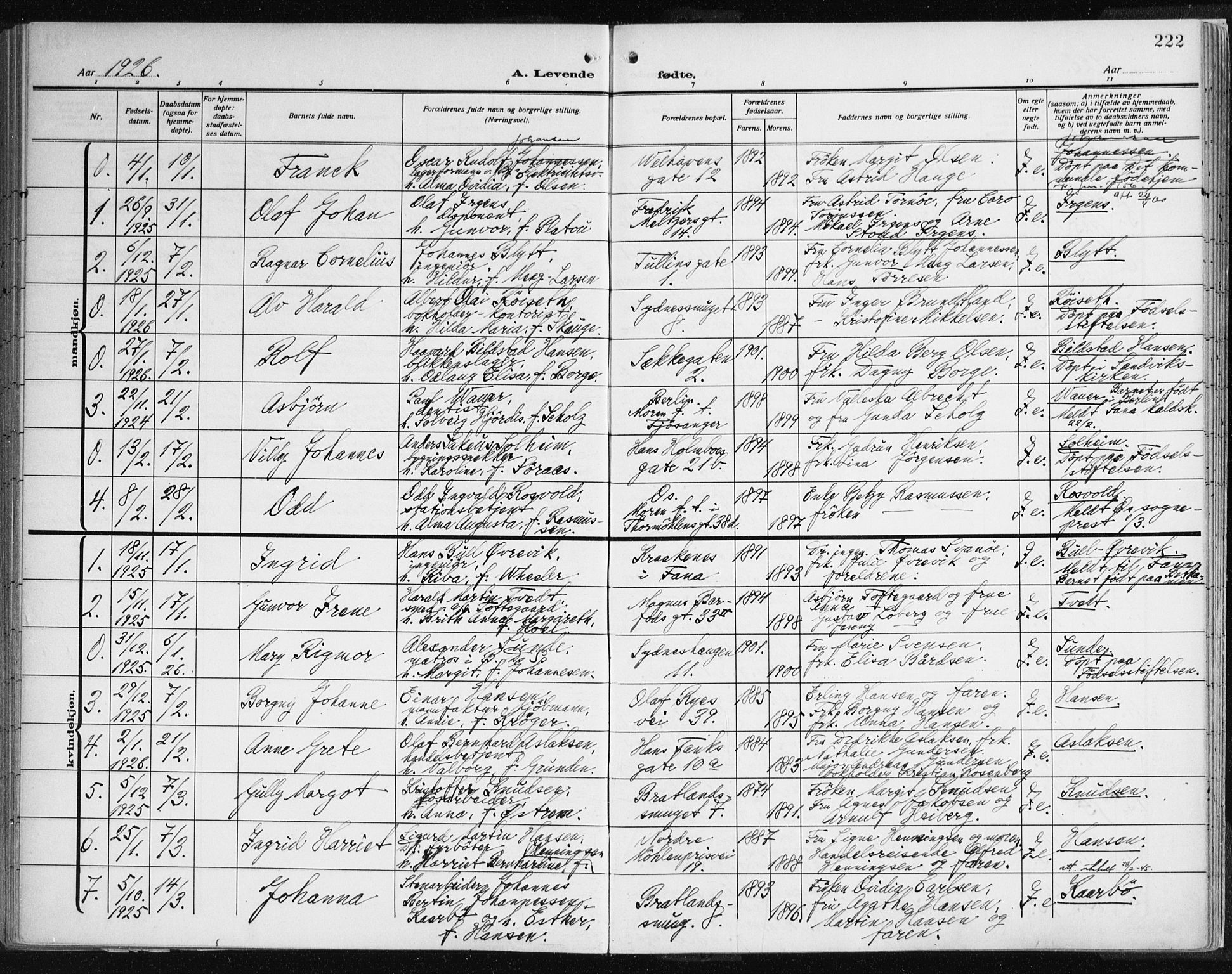 Johanneskirken sokneprestembete, AV/SAB-A-76001/H/Haa: Parish register (official) no. A 3, 1913-1934, p. 222